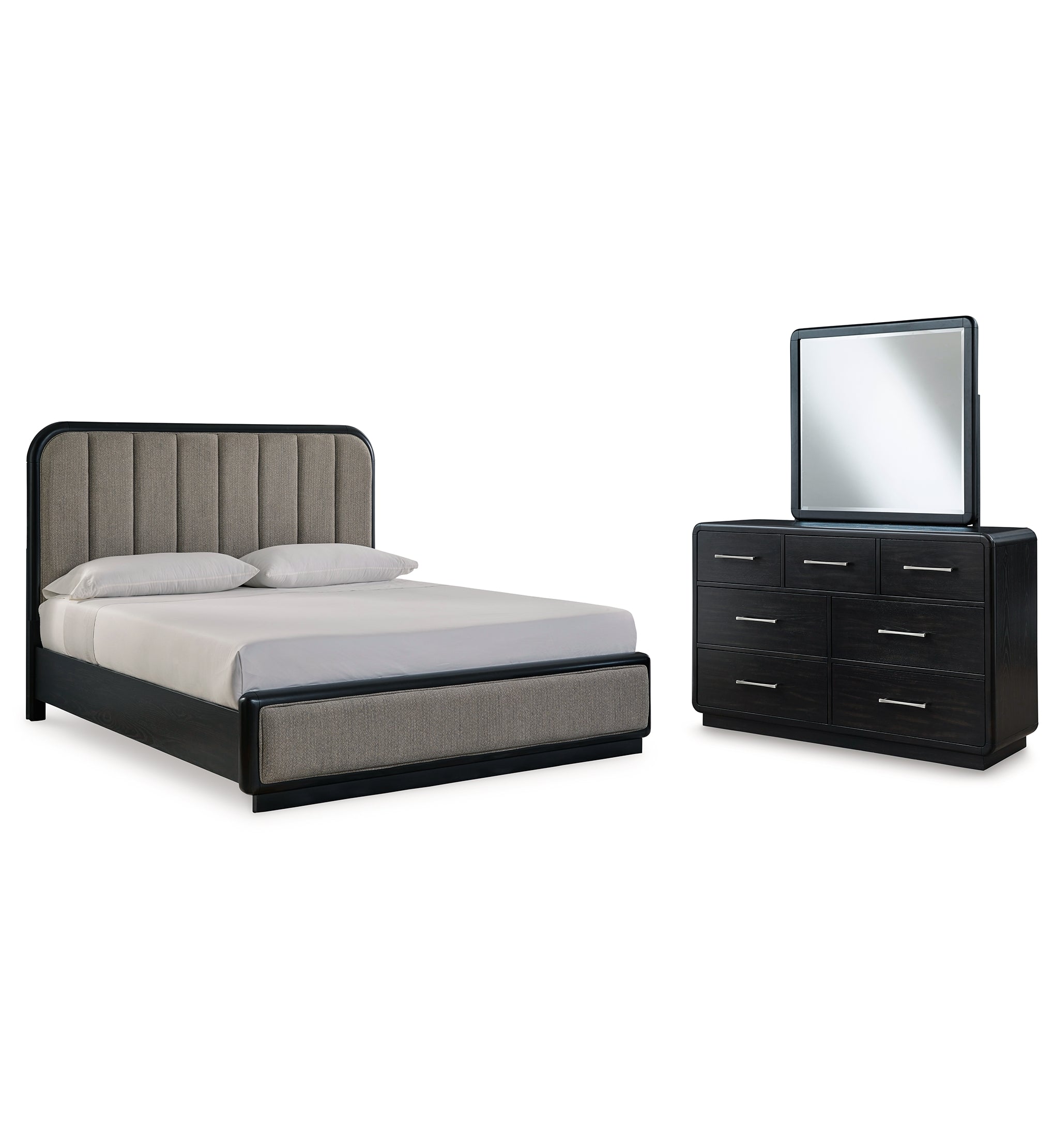 Rowanbeck California King Upholstered Panel Bed with Mirrored Dresser