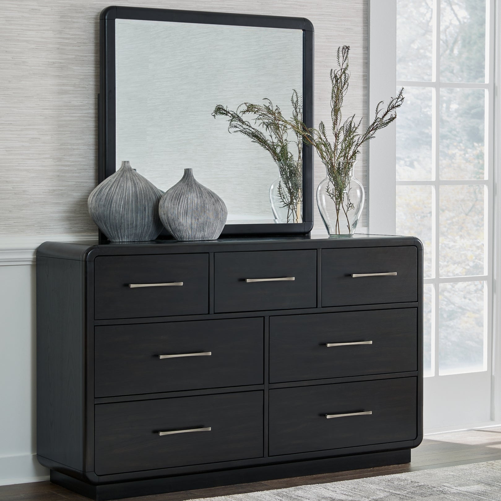 Rowanbeck King Upholstered Panel Bed with Mirrored Dresser