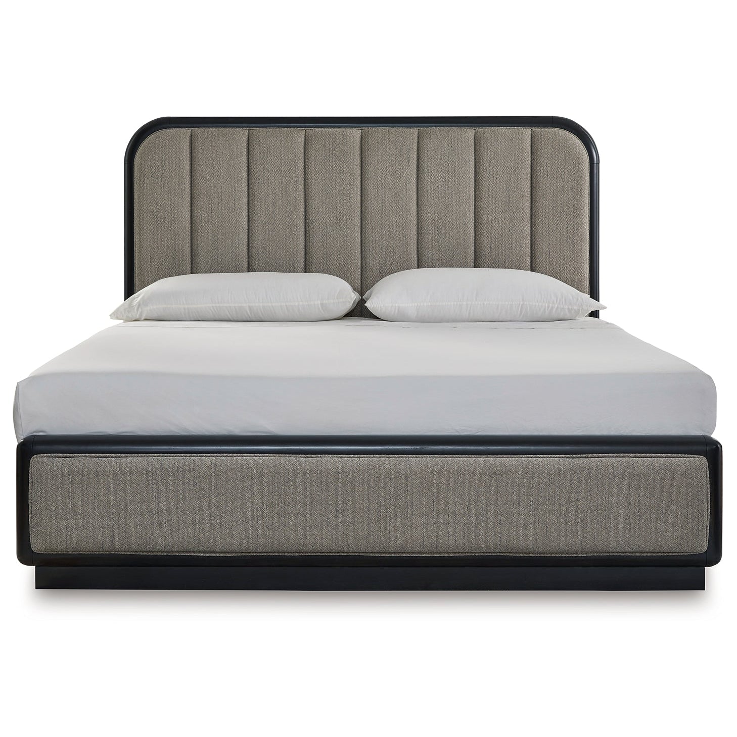 Rowanbeck King Upholstered Panel Bed with Mirrored Dresser