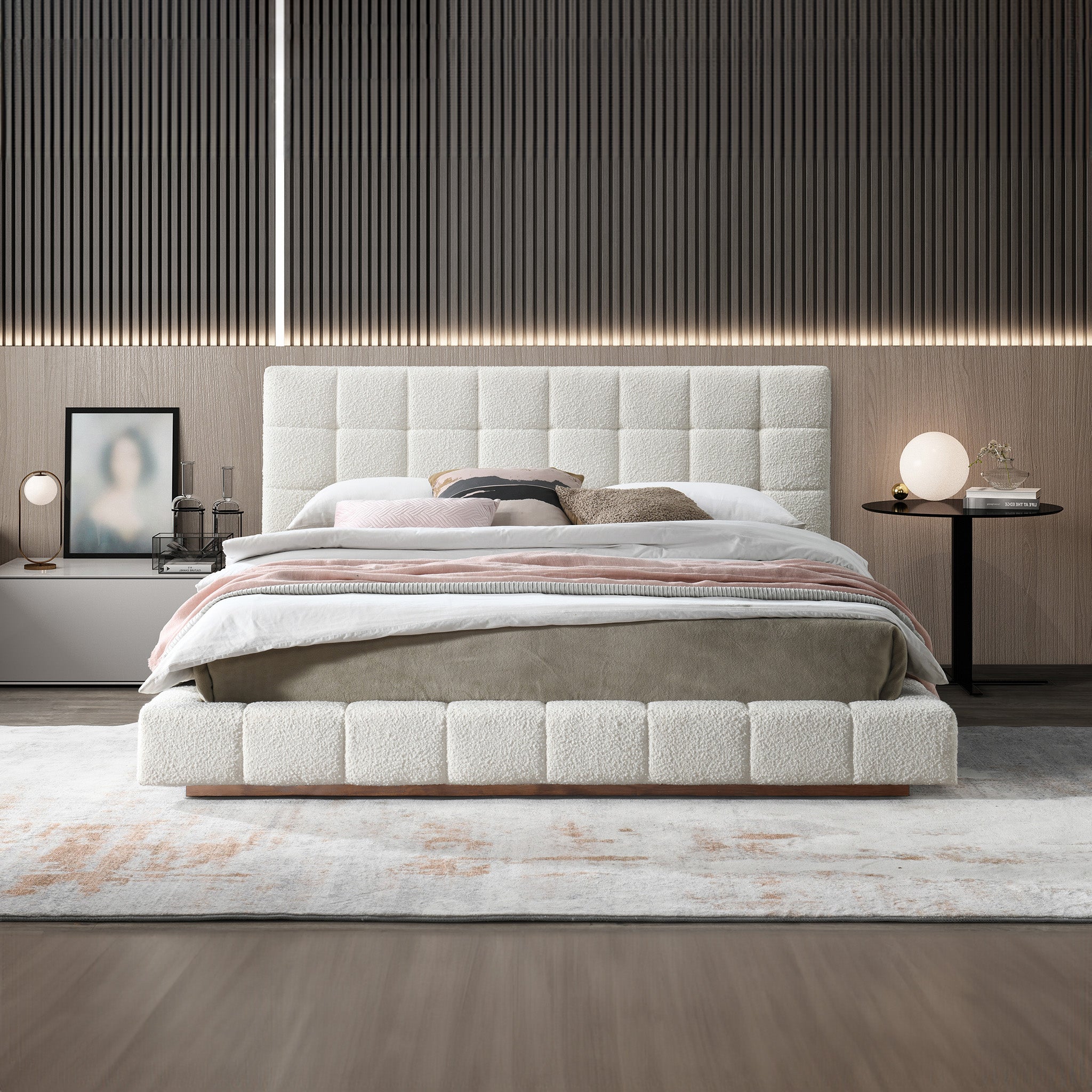 Hughes Queen Ivory Boucle Platform Bed - MidinMod