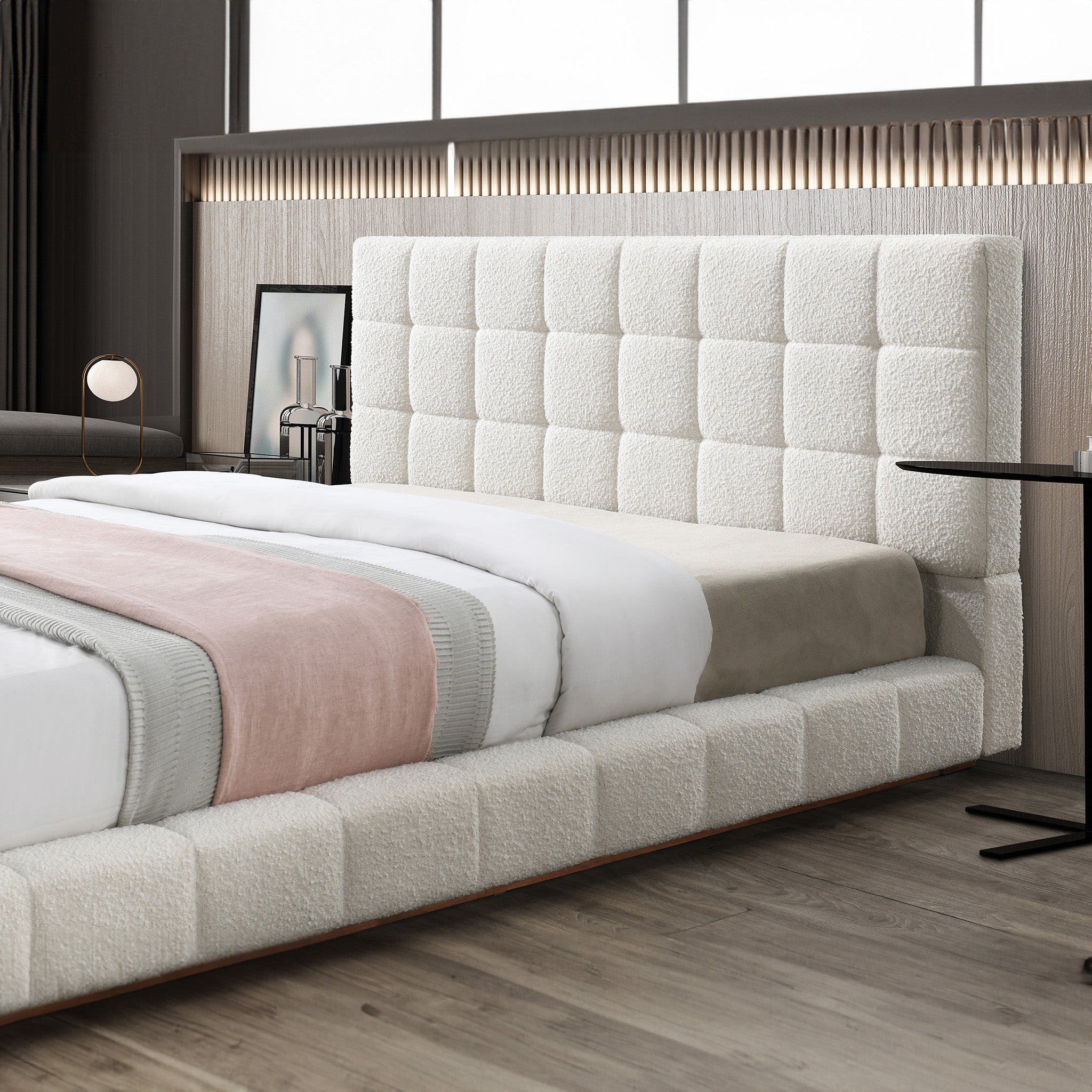 Hughes Queen Ivory Boucle Platform Bed - MidinMod