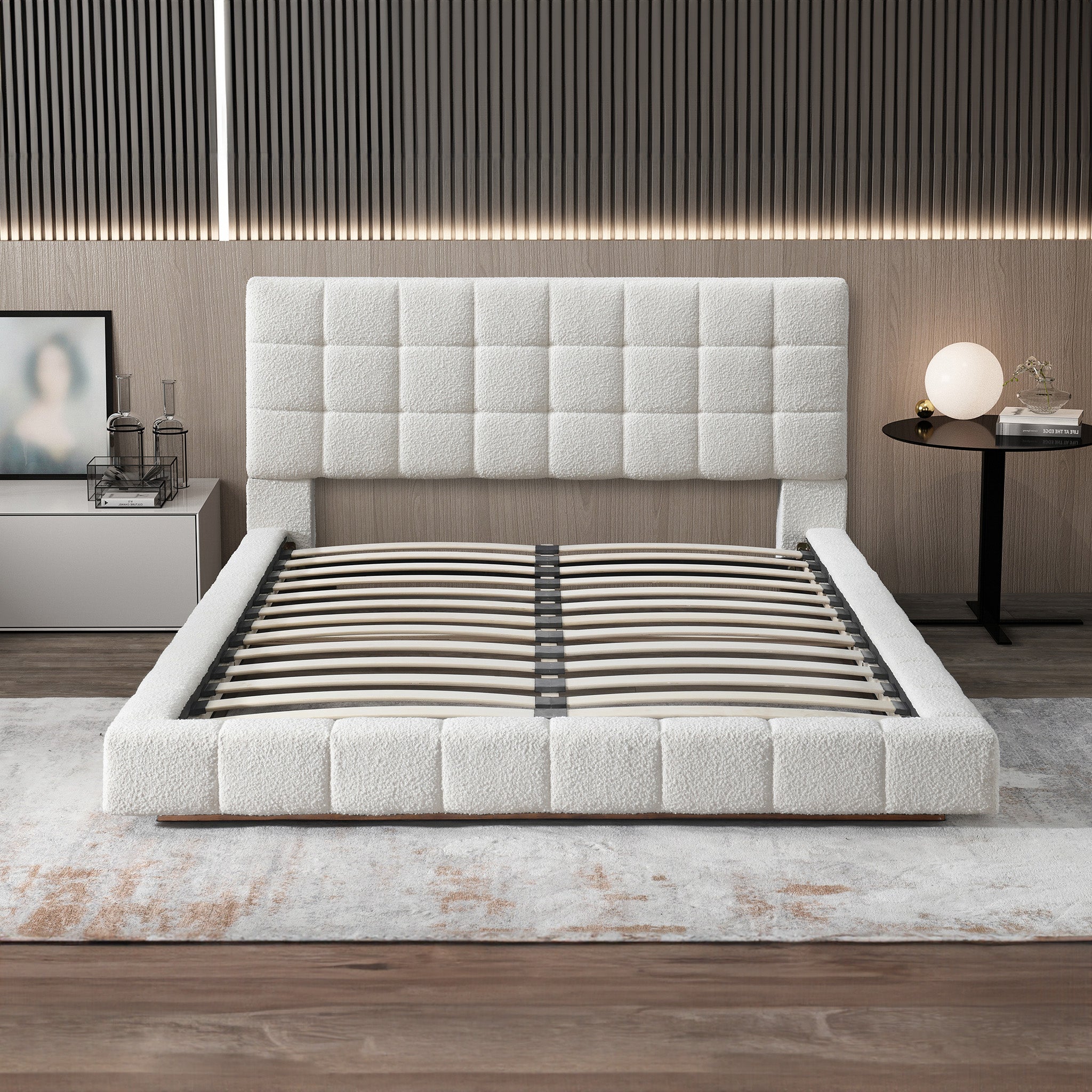 Hughes Queen Ivory Boucle Platform Bed - MidinMod