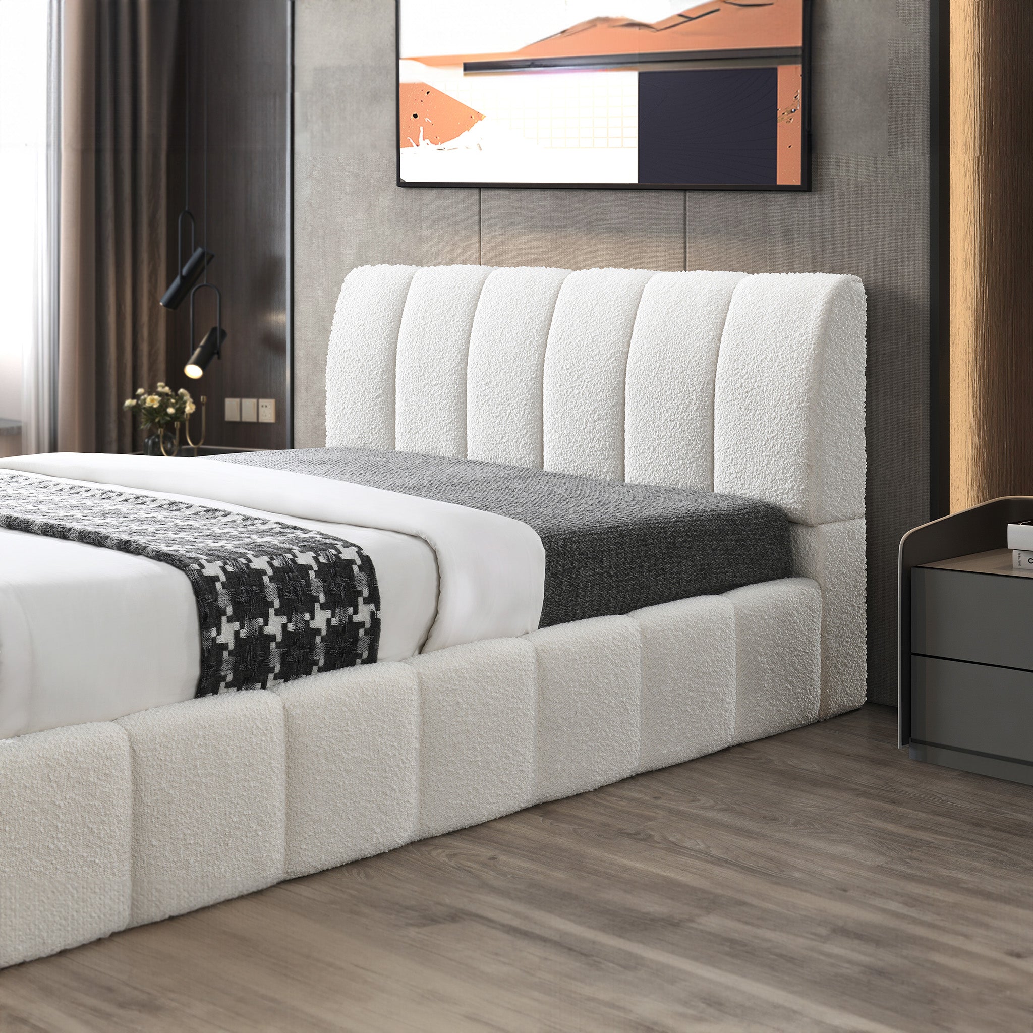 Pearce White Boucle Queen Bed - MidinMod