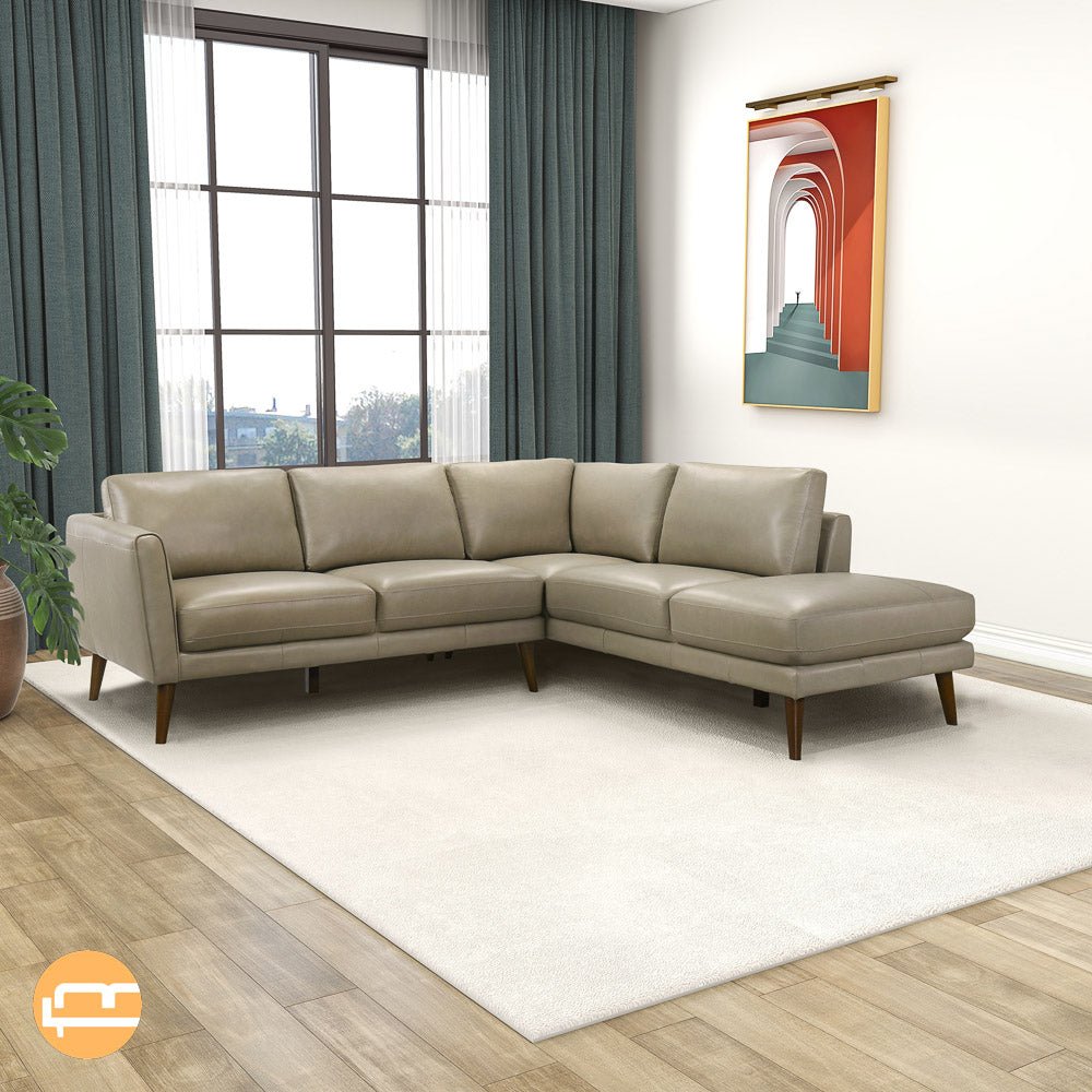 Bexley Beige Leather Sectional Sofa Right Facing Chaise - MidinMod