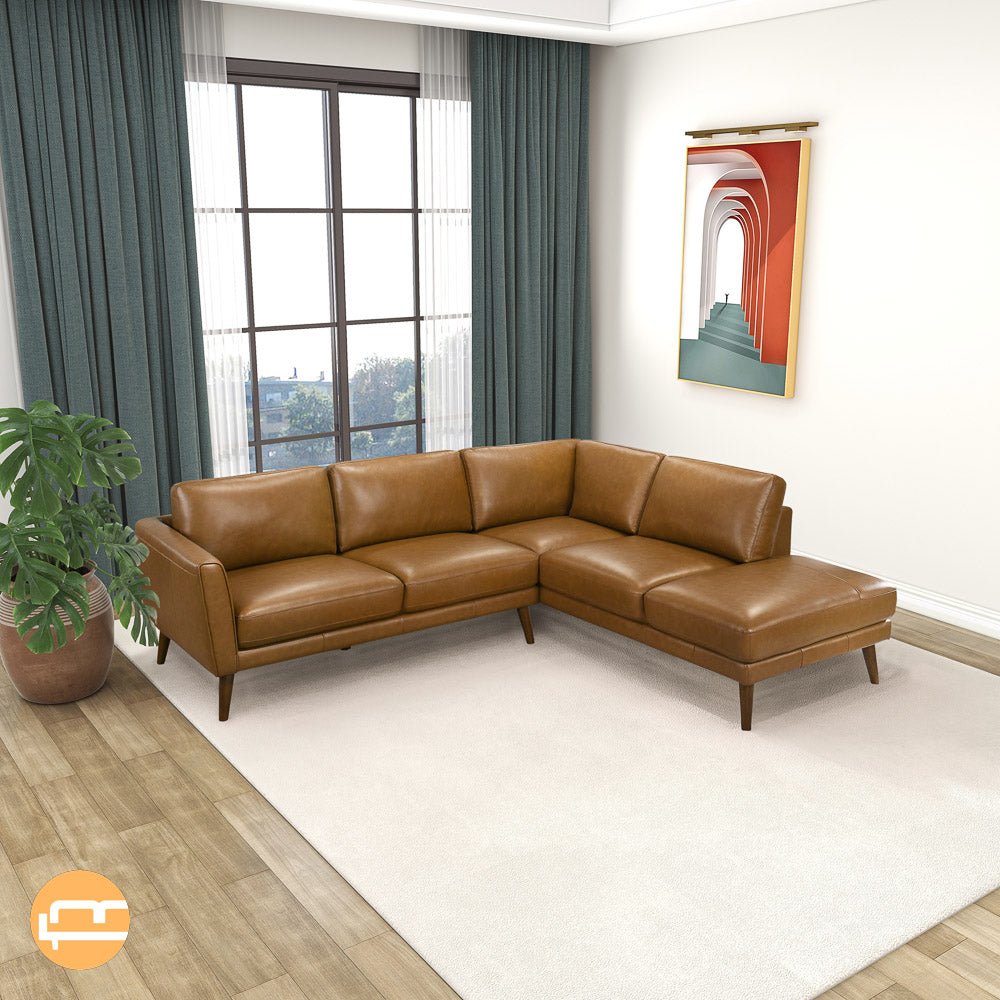 Bexley Tan Leather Sectional Sofa Right Facing Chaise - MidinMod