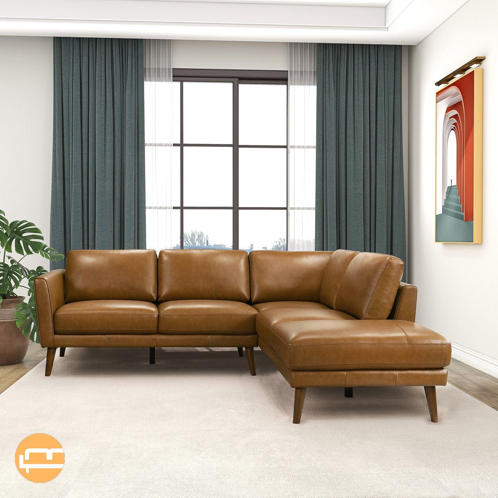 Bexley Tan Leather Sectional Sofa Right Facing Chaise - MidinMod