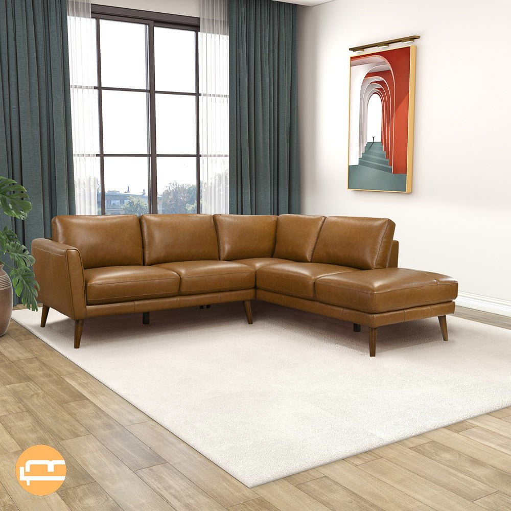 Bexley Tan Leather Sectional Sofa Right Facing Chaise - MidinMod