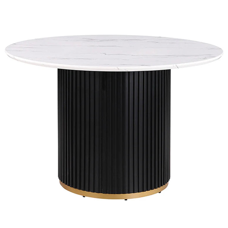 Borden Black and White Round Dining Table | Contemporary Reeded Metal Drum Base Dining Table | MidinMod