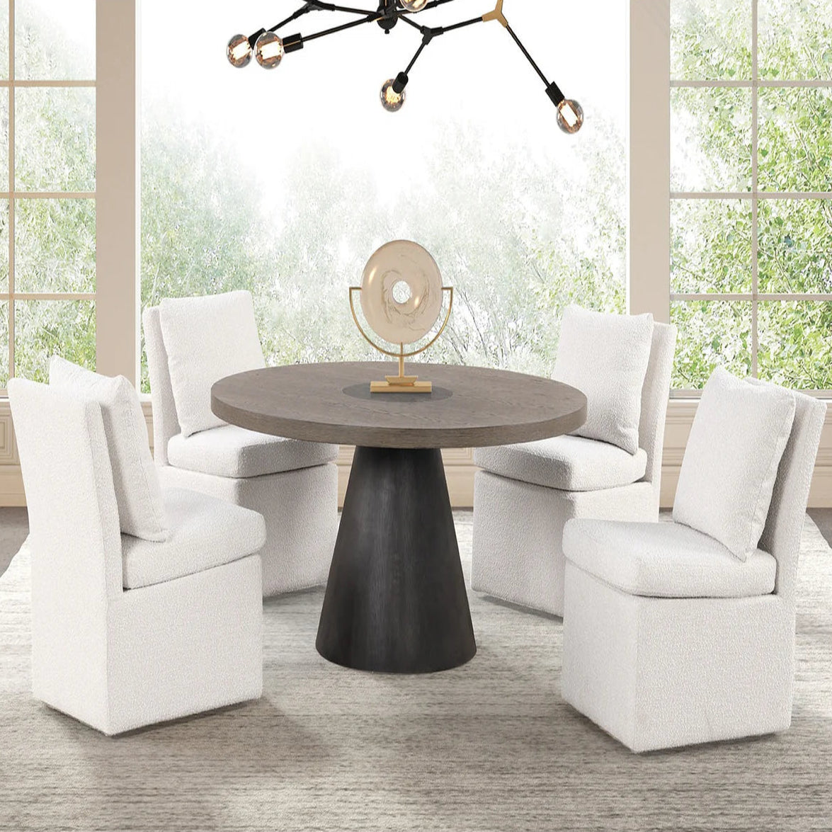 Broager Rustic Oak and Dark Walnut Round Dining Set | Contemporary Boucle Dining Chairs | MidinMod