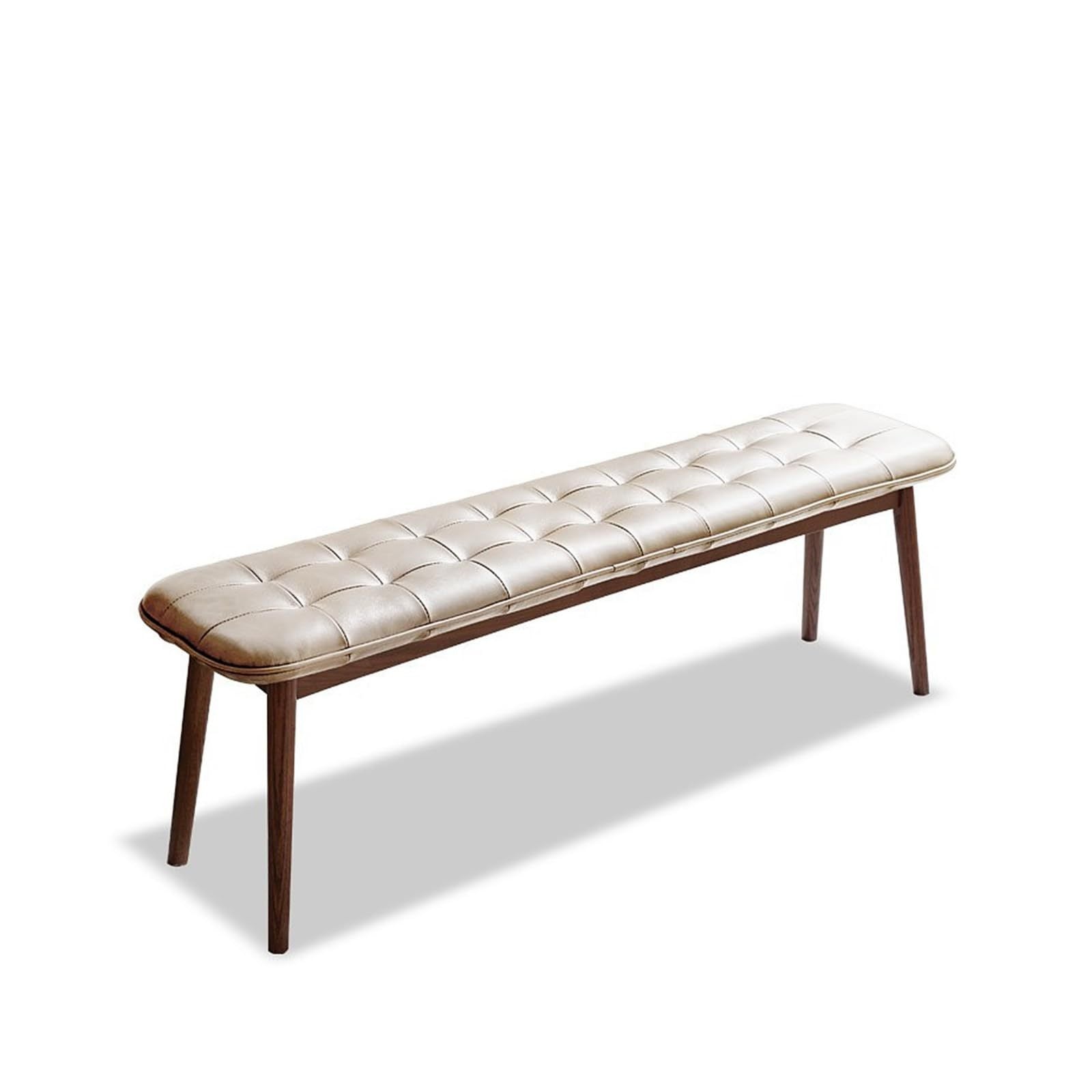 Burrow Modern White & Walnut Solid Wood Upholstered Dining Bench With Leather Cushion - MidinMod