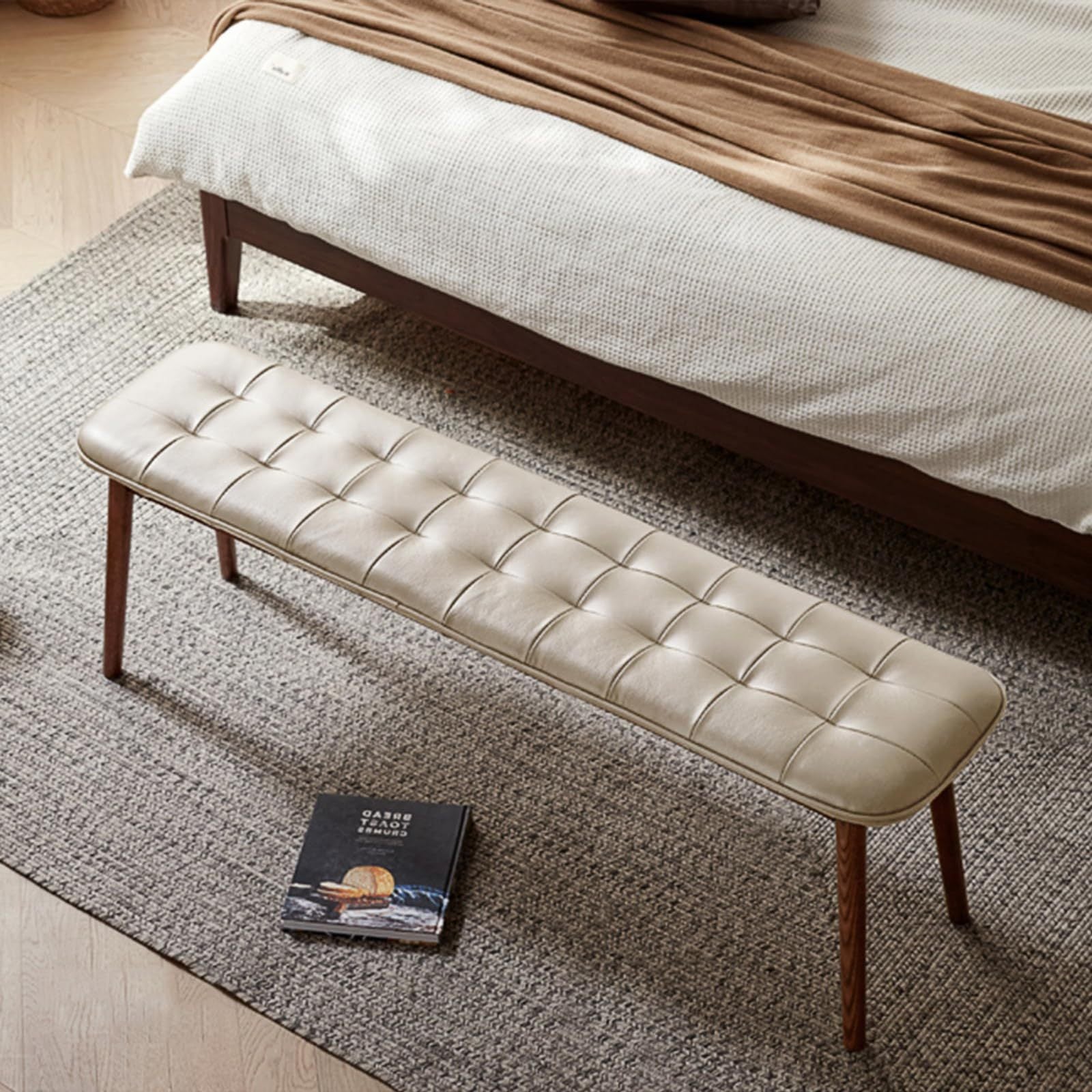 Burrow Modern White & Walnut Solid Wood Upholstered Dining Bench With Leather Cushion - MidinMod
