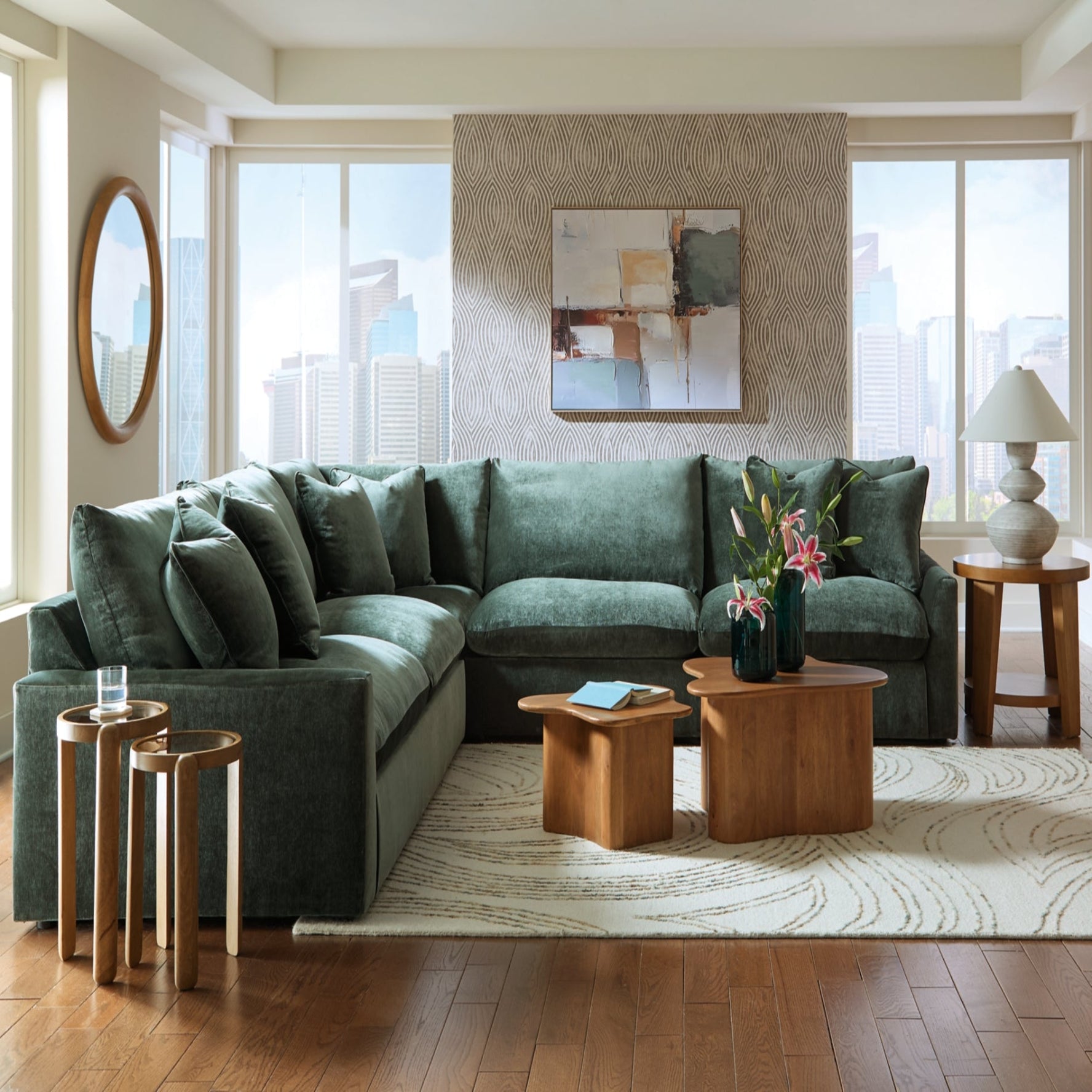 Carriage View 3-Piece Jade Green Chenille Sectional Sofa | MidinMod