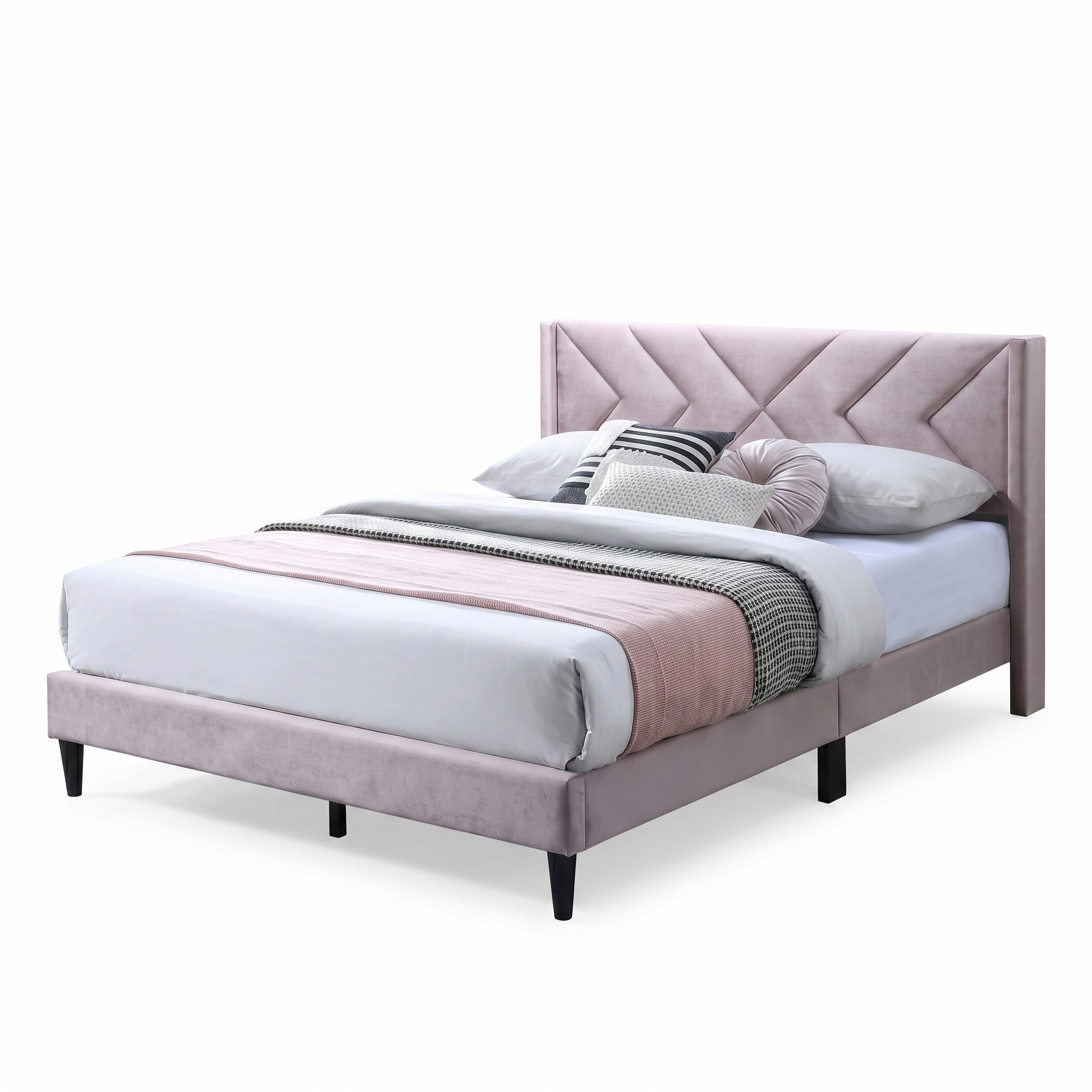 Cherry Pink Queen Bed | Contemporary Fabric Upholstered Platform Bed Frame | MidinMod