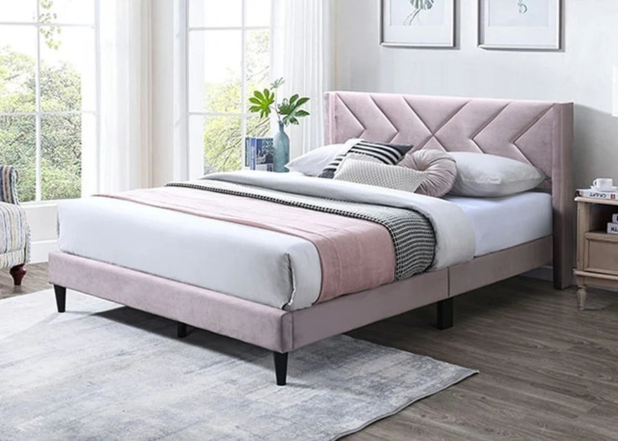 Cherry Pink Queen Bed | Contemporary Fabric Upholstered Platform Bed Frame | MidinMod