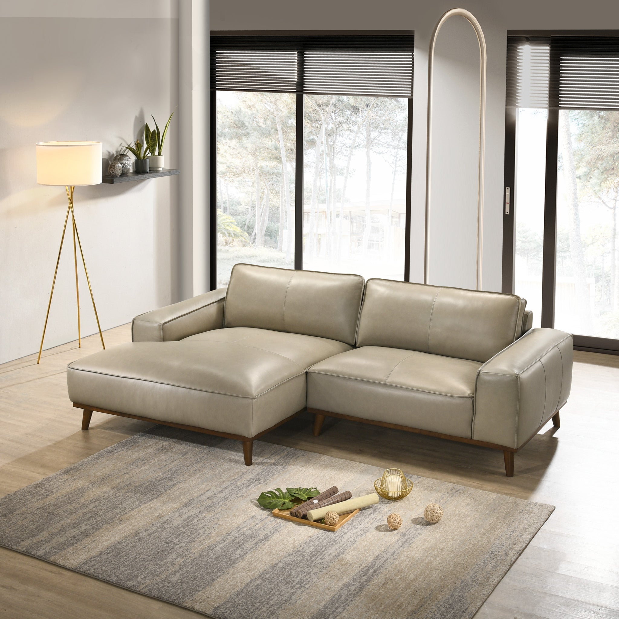 Clifton Beige Leather Sectional Sofa Left Facing Chaise - MidinMod