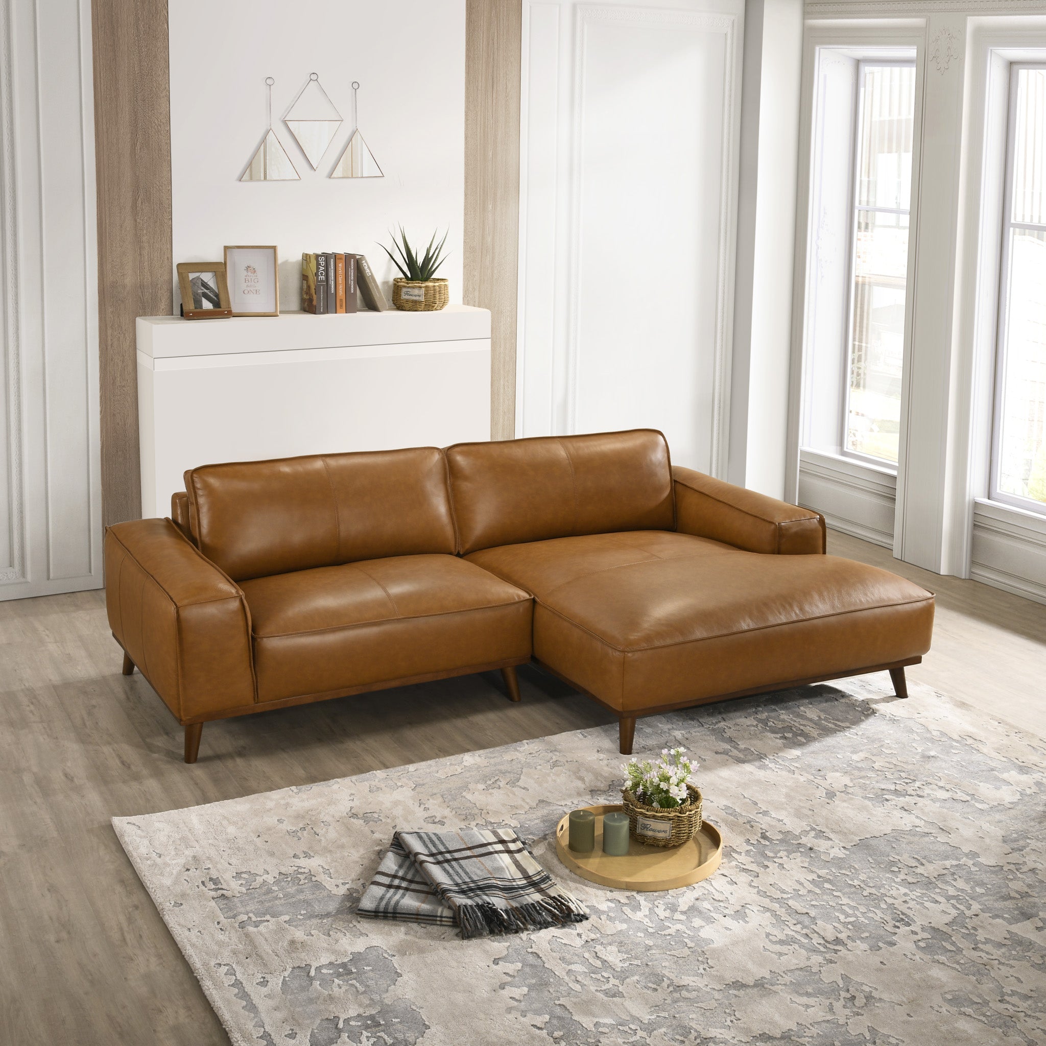 Clifton Tan Leather Sectional Sofa Right Facing Chaise - MidinMod