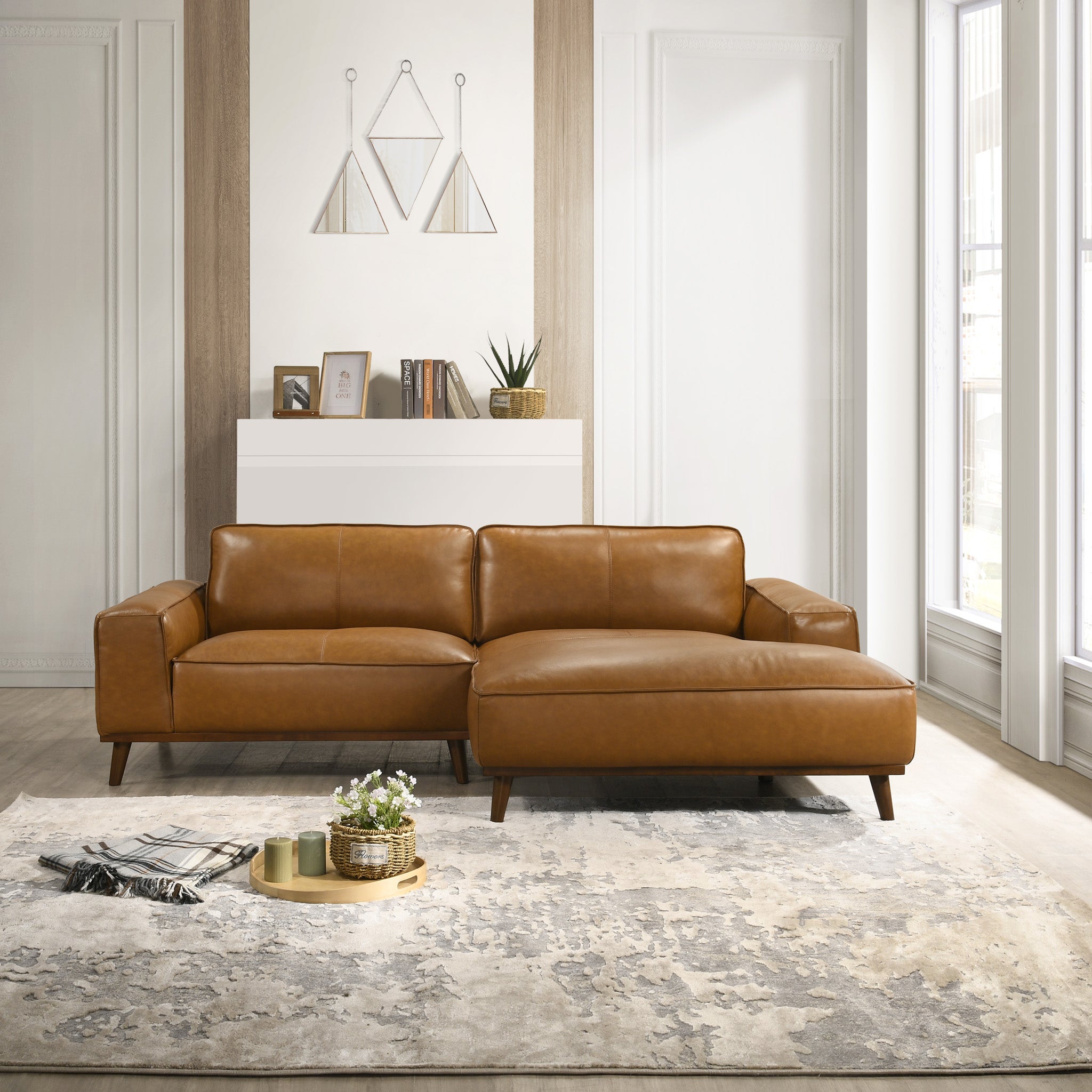 Clifton Tan Leather Sectional Sofa Right Facing Chaise - MidinMod