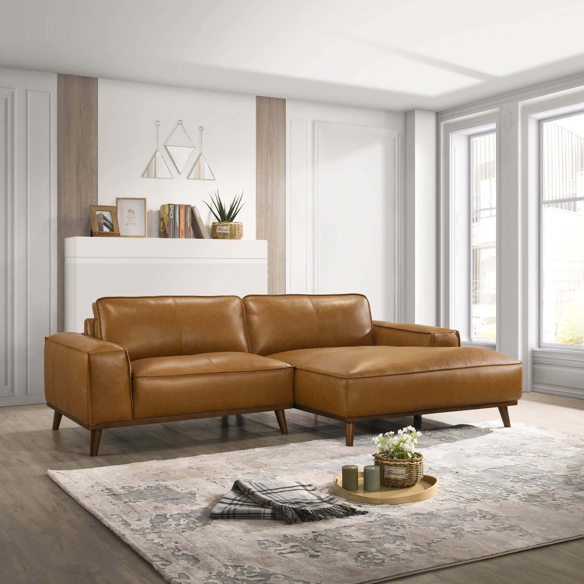 Clifton Tan Leather Sectional Sofa Right Facing Chaise - MidinMod