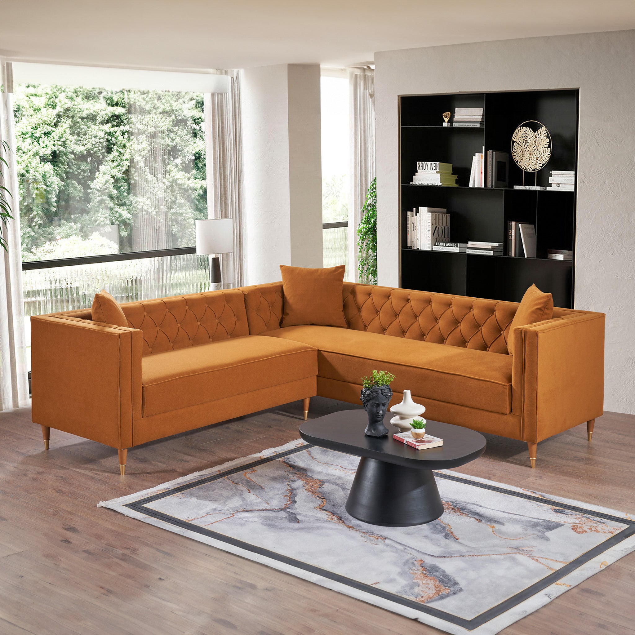 Lewis Cognac Velvet Symmetrical Corner Sofa - MidinMod