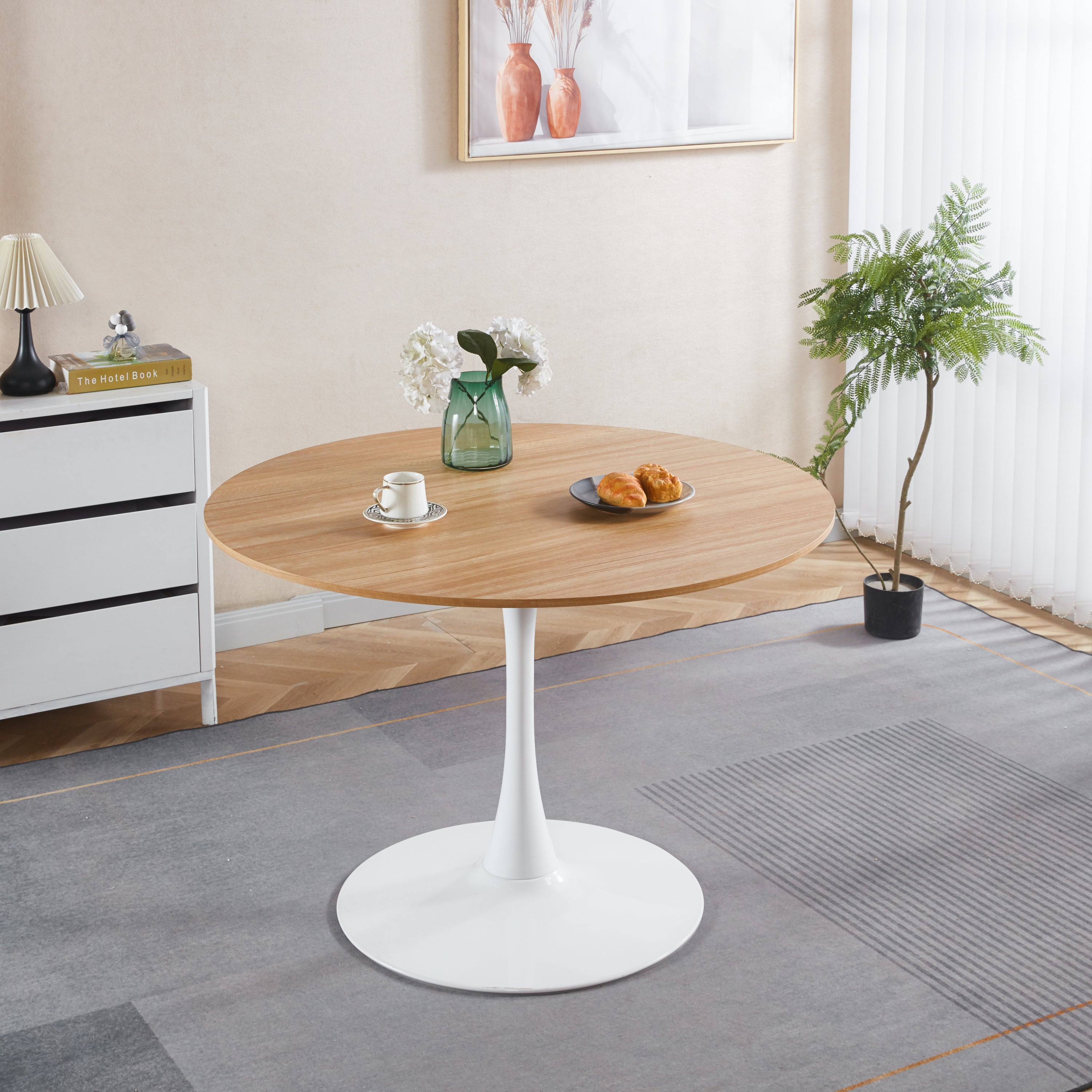 Modern Round White & Light Oak Dining Table - MidinMod