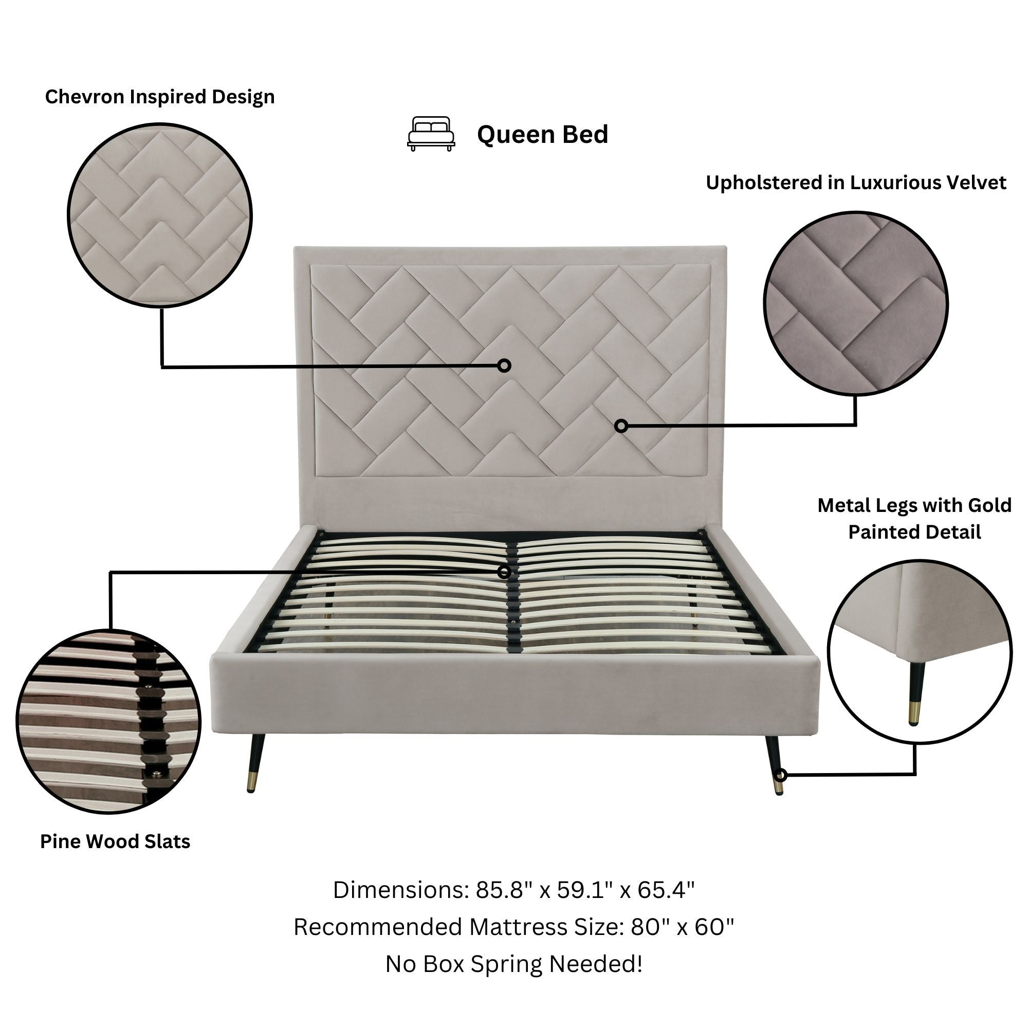 Crosby Queen-Size Bed in Greige | Modern Upholstered Velvet Bed Frame | MidinMod