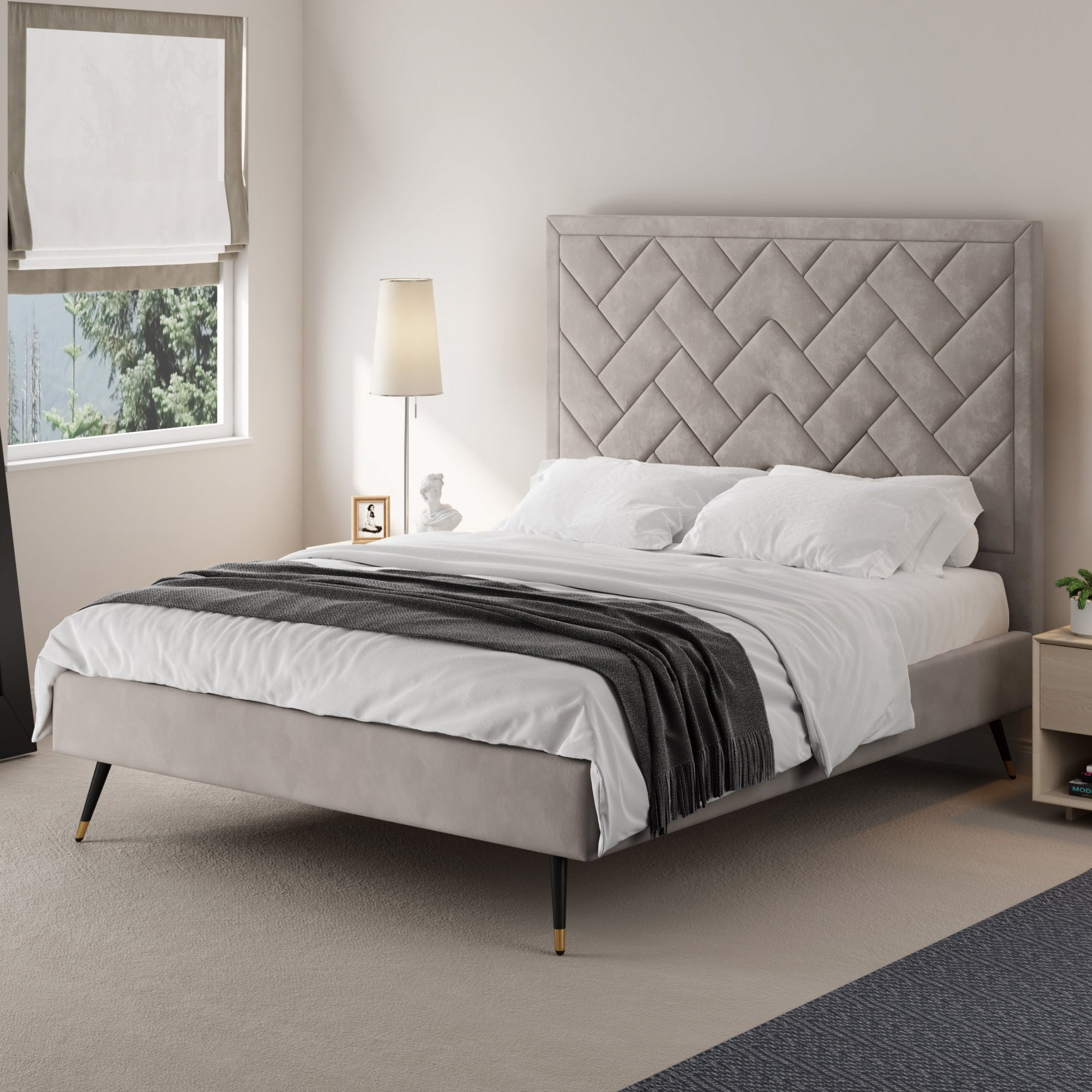 Crosby Queen-Size Bed in Greige | Modern Upholstered Velvet Bed Frame | MidinMod