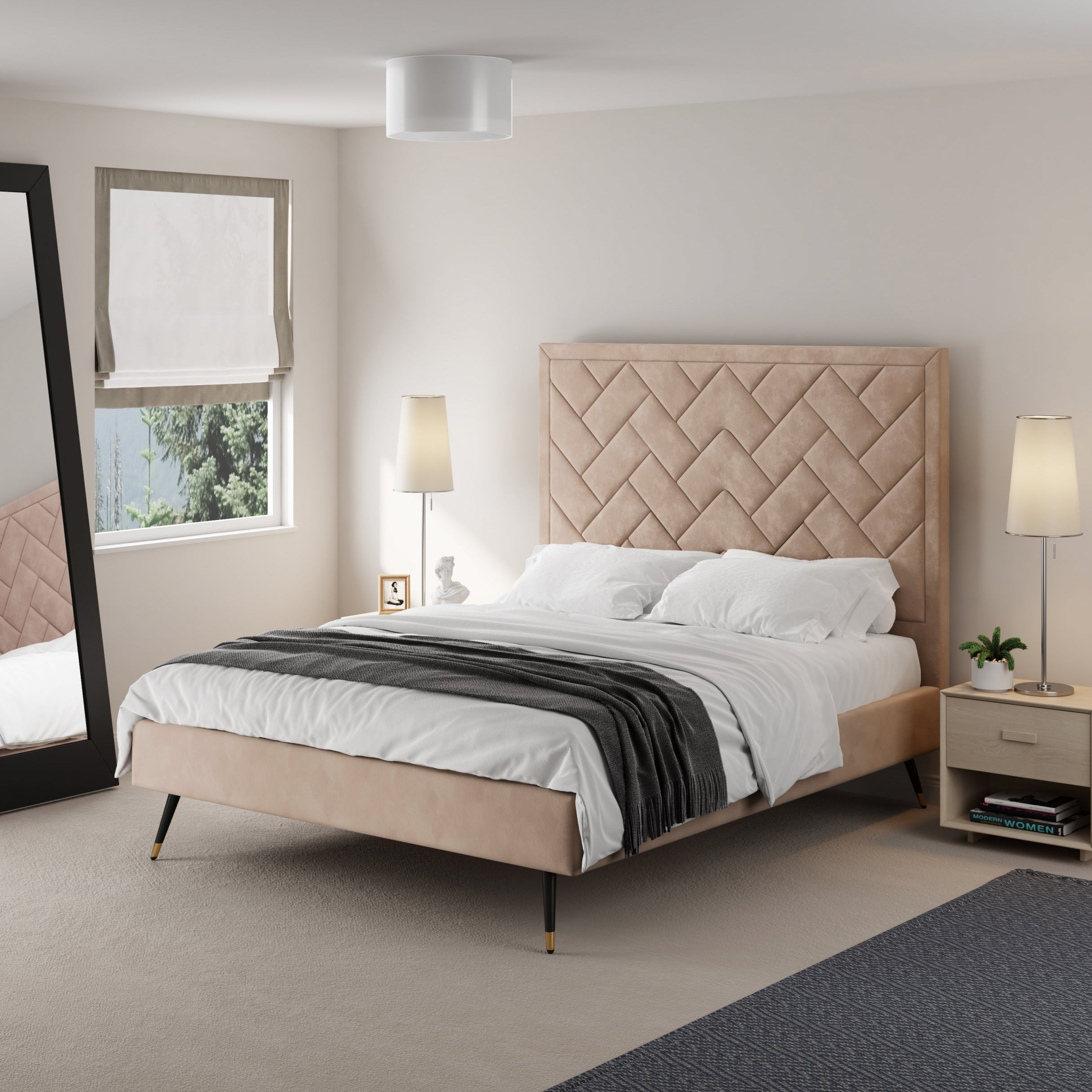 Crosby Queen-Size Bed in Nude | Modern Velvet Upholstered Bed Frame | MidinMod