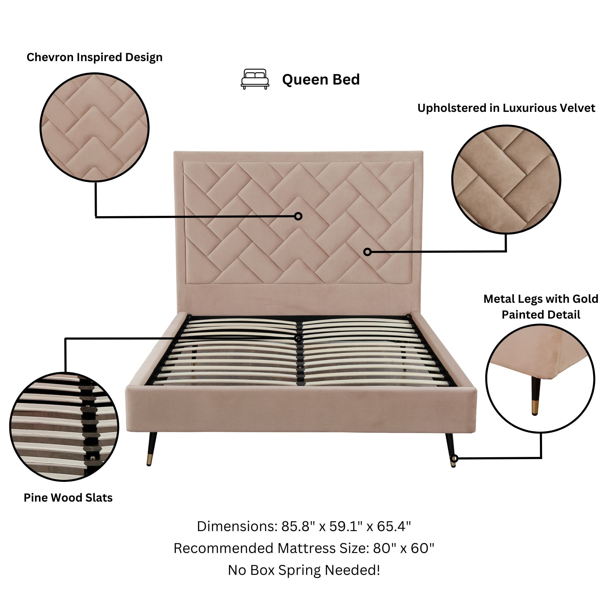 Crosby Queen-Size Bed in Nude | Modern Velvet Upholstered Bed Frame | MidinMod