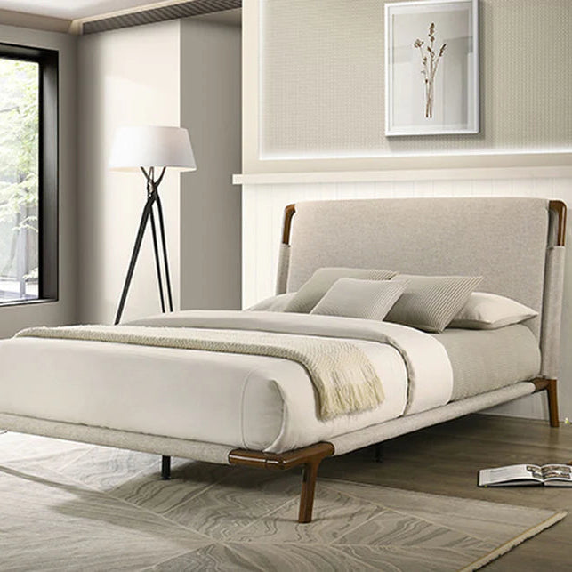 Didcot Beige Queen Bed | Mid-Century Modern Camel-Back Fabric Platform Bed | MidinMod