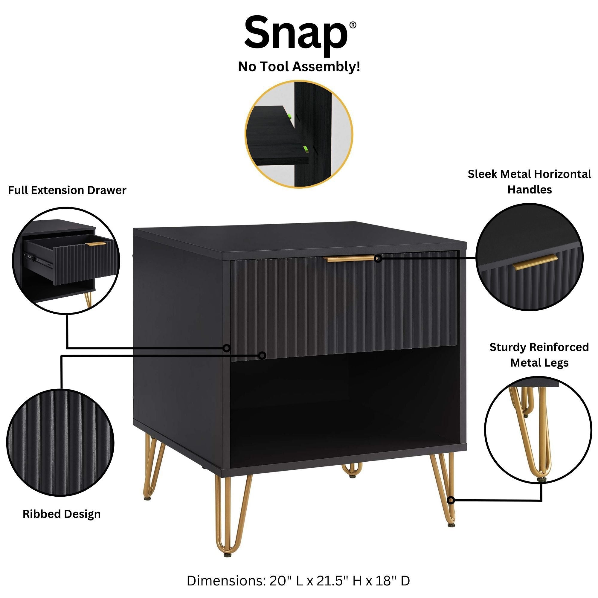Dumbo Modern Black 1-Drawer Nightstand | Sleek Bedside Storage | MidinMod