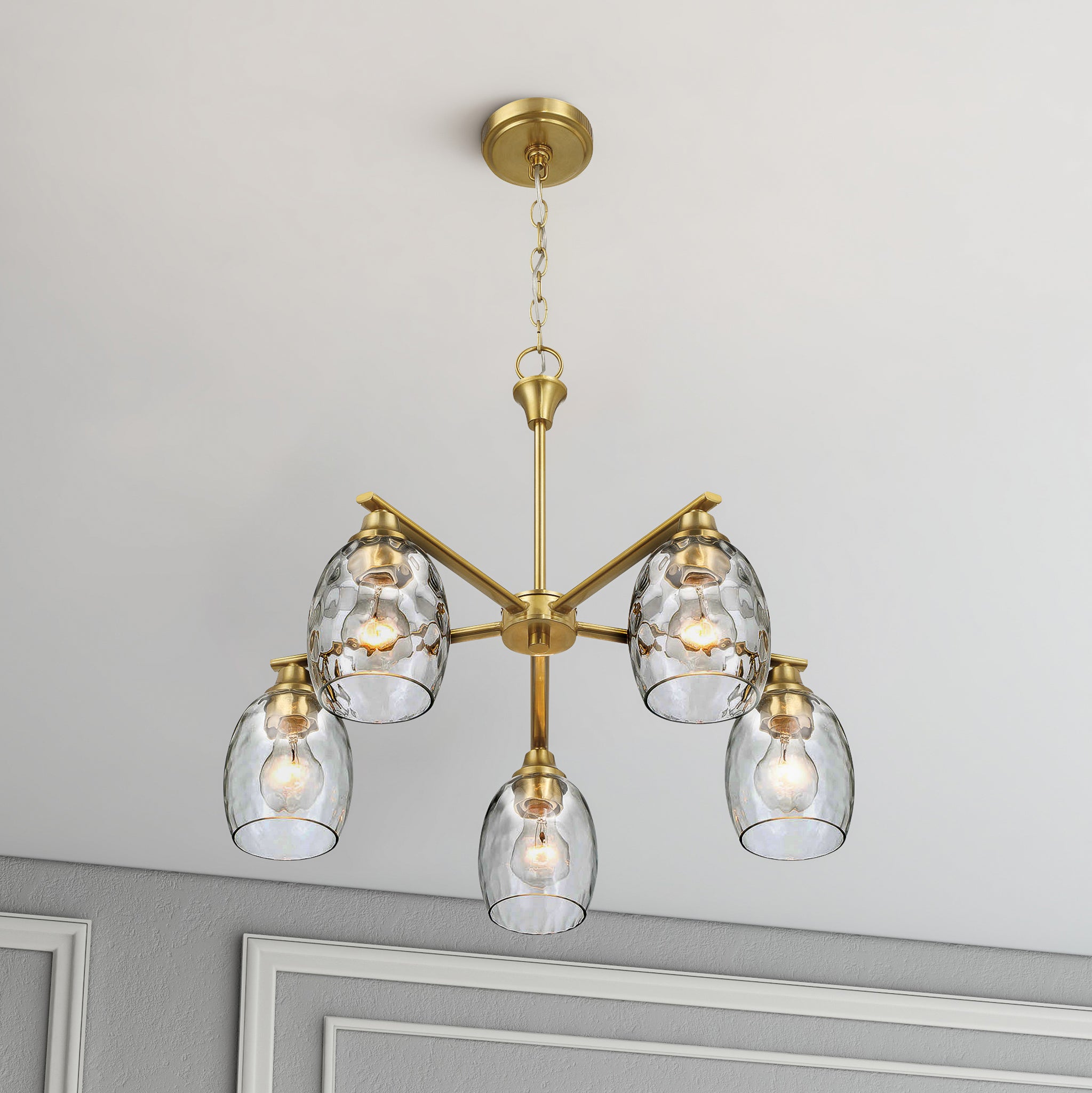 Elegance Five Lights Linear Arms with Golden Brass Finish Chain Chandelier 24"W × 8.5"H with Clear Water Glass