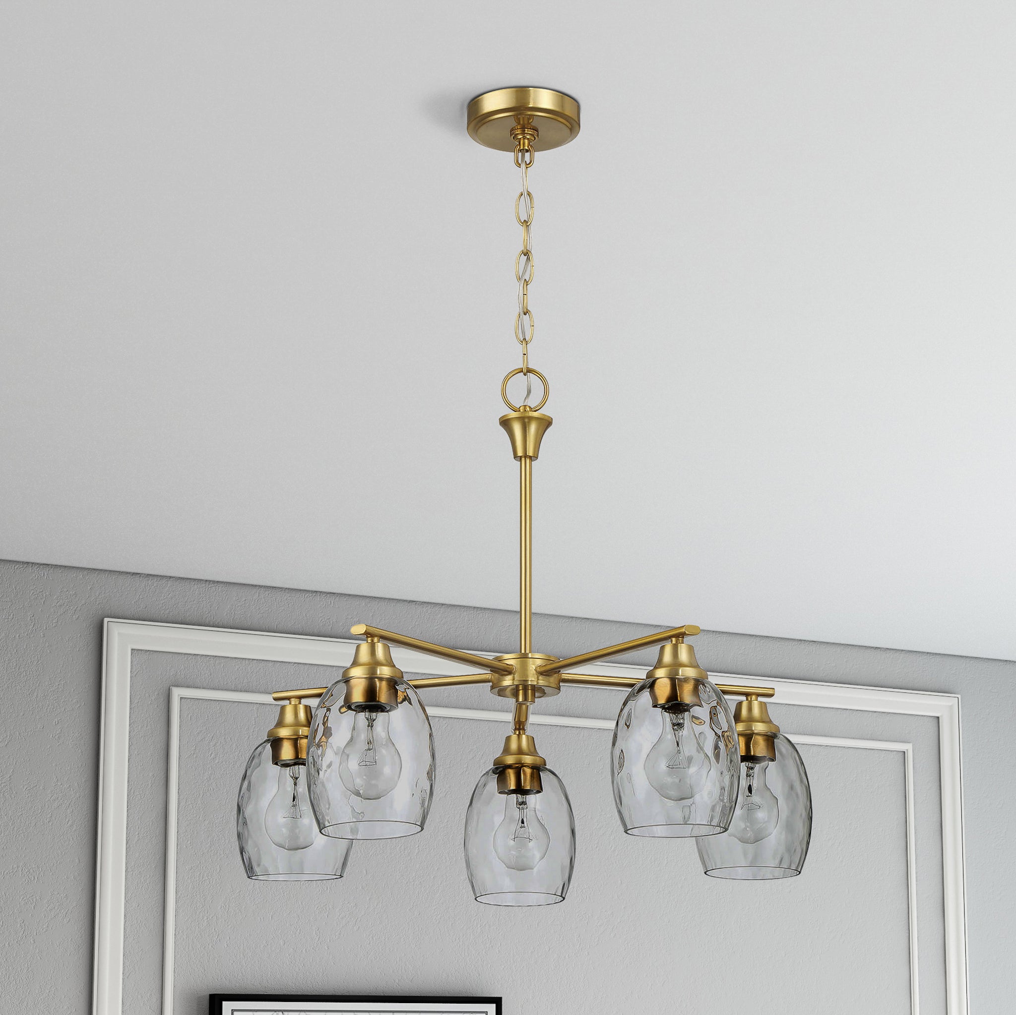 Elegance Five Lights Linear Arms with Golden Brass Finish Chain Chandelier 24"W × 8.5"H with Clear Water Glass