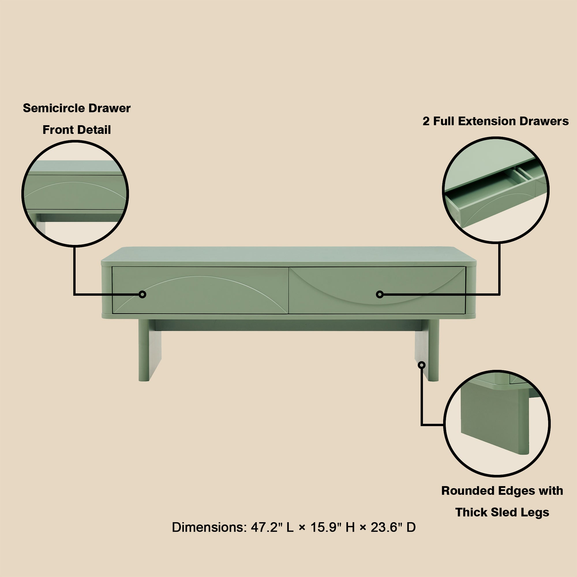 Ella 47.2" Sage Green Coffee Table | Modern Minimalist Living Room Centerpiece | MidinMod