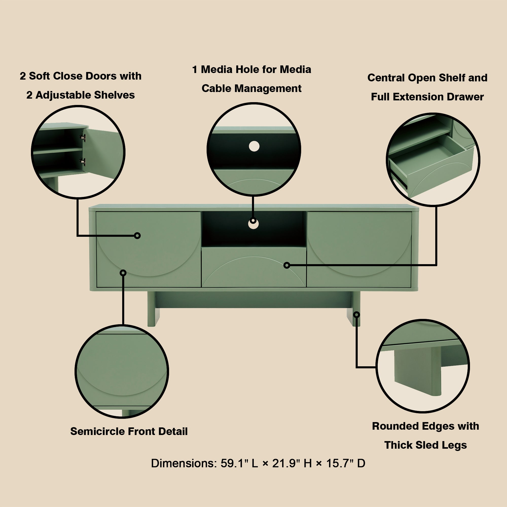 Ella 59-Inch Sage Green TV Stand | Sleek Modern Media Console | MidinMod