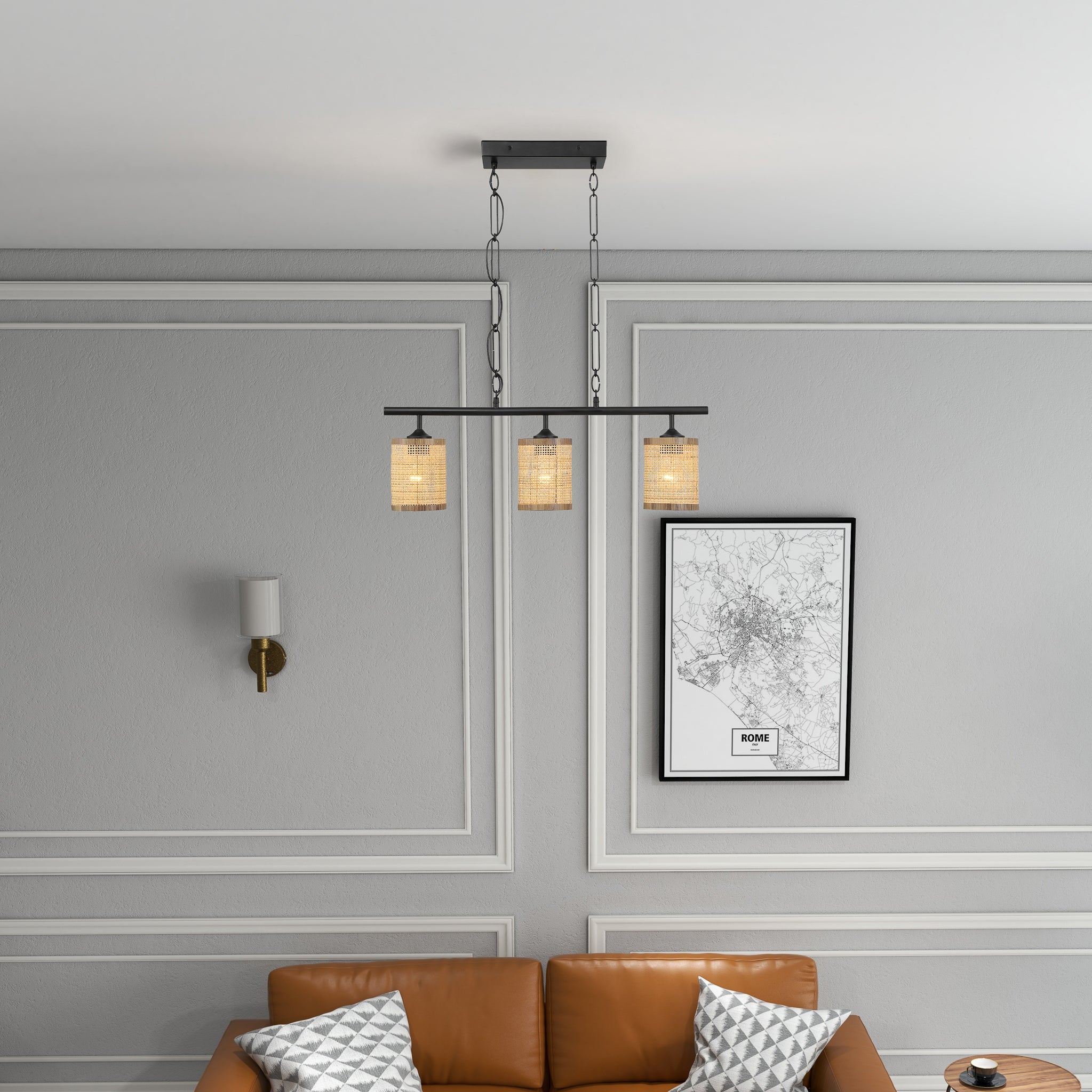 Elysian Three Lights Island With Natural Rattan Shade Farmhouse Chain Ceiling Lamp - MidinMod