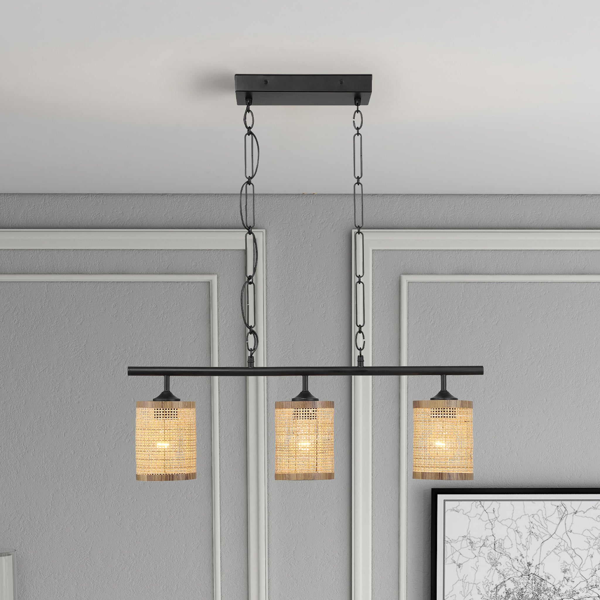 Elysian Three Lights Island With Natural Rattan Shade Farmhouse Chain Ceiling Lamp - MidinMod