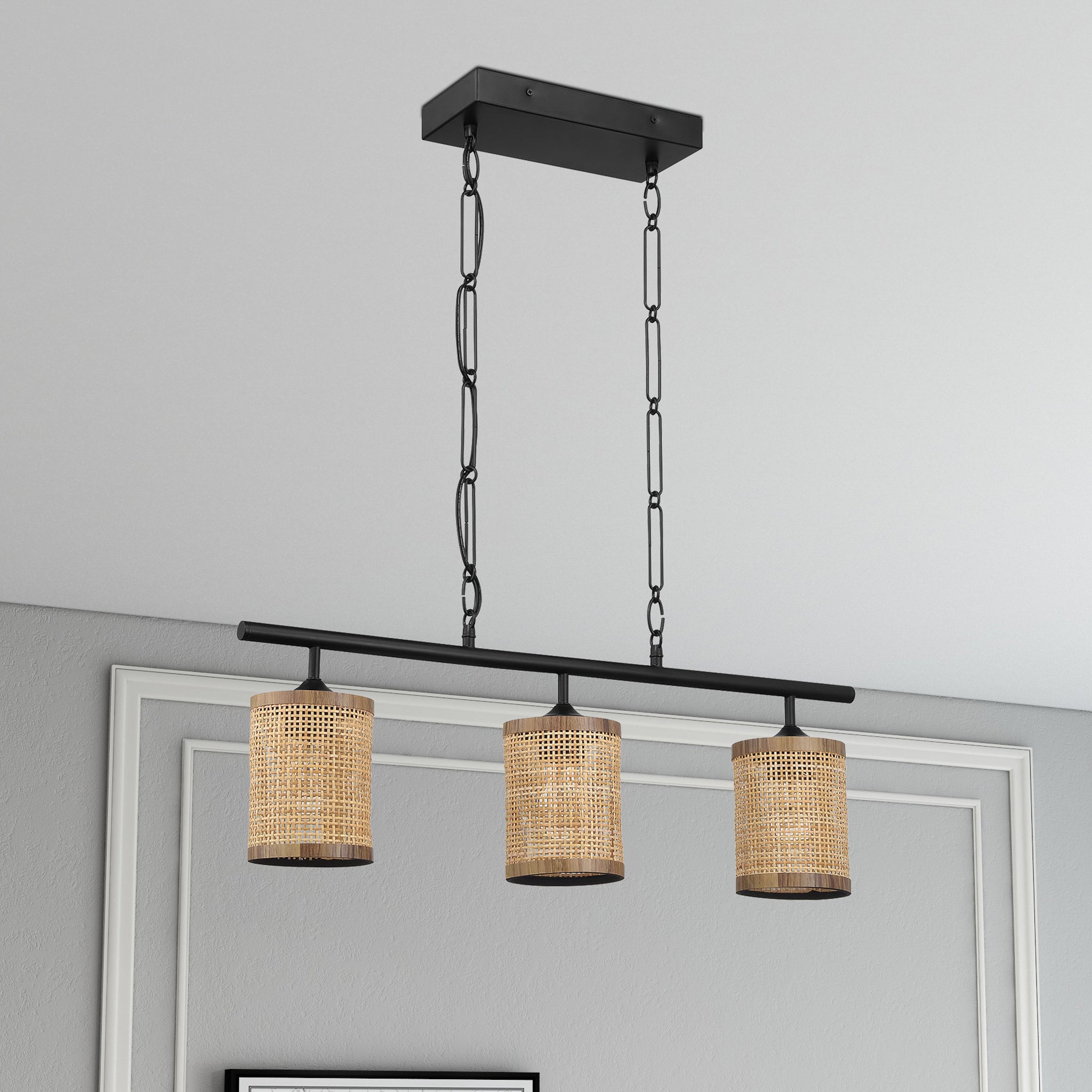 Elysian Three Lights Island With Natural Rattan Shade Farmhouse Chain Ceiling Lamp - MidinMod