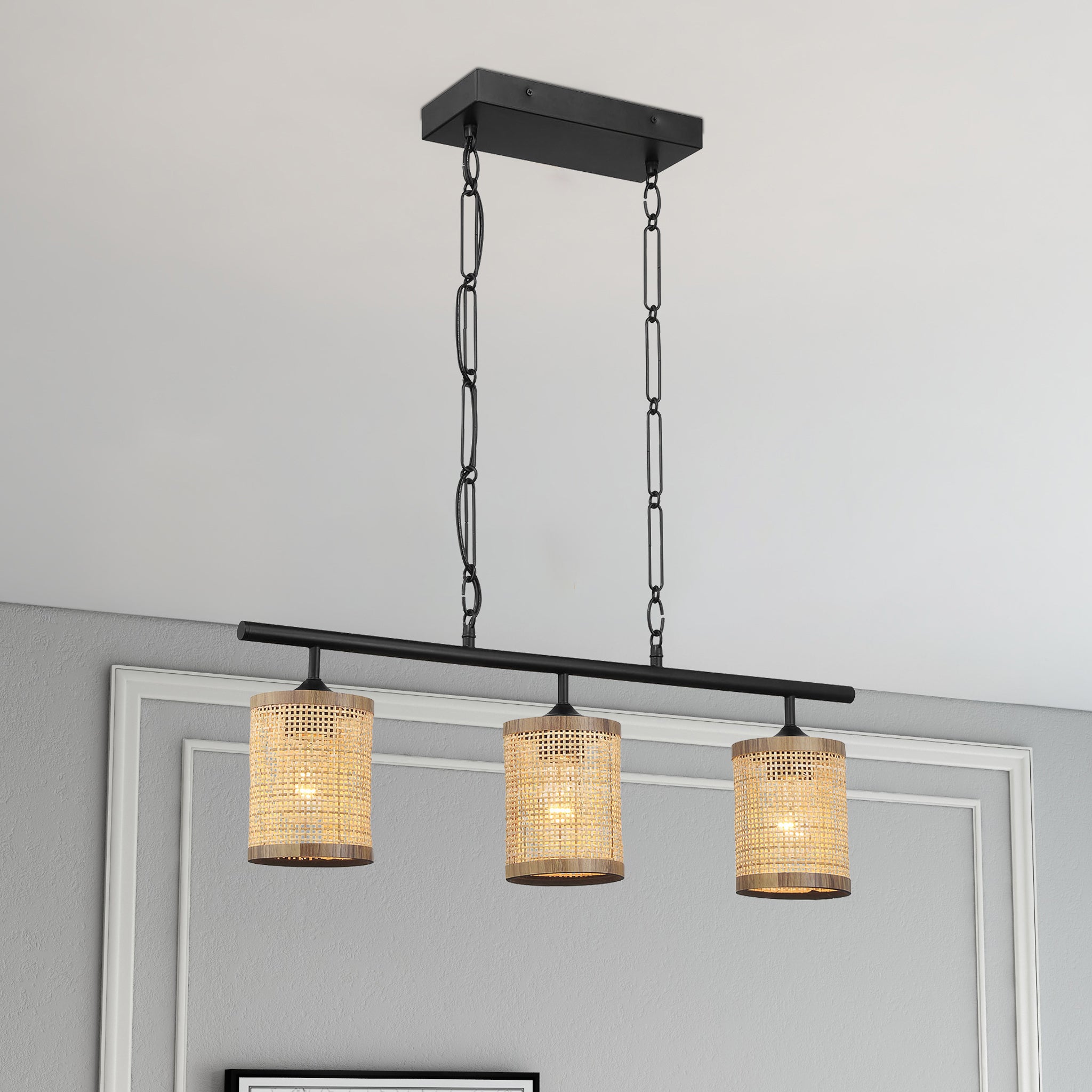 Elysian Three Lights Island With Natural Rattan Shade Farmhouse Chain Ceiling Lamp - MidinMod