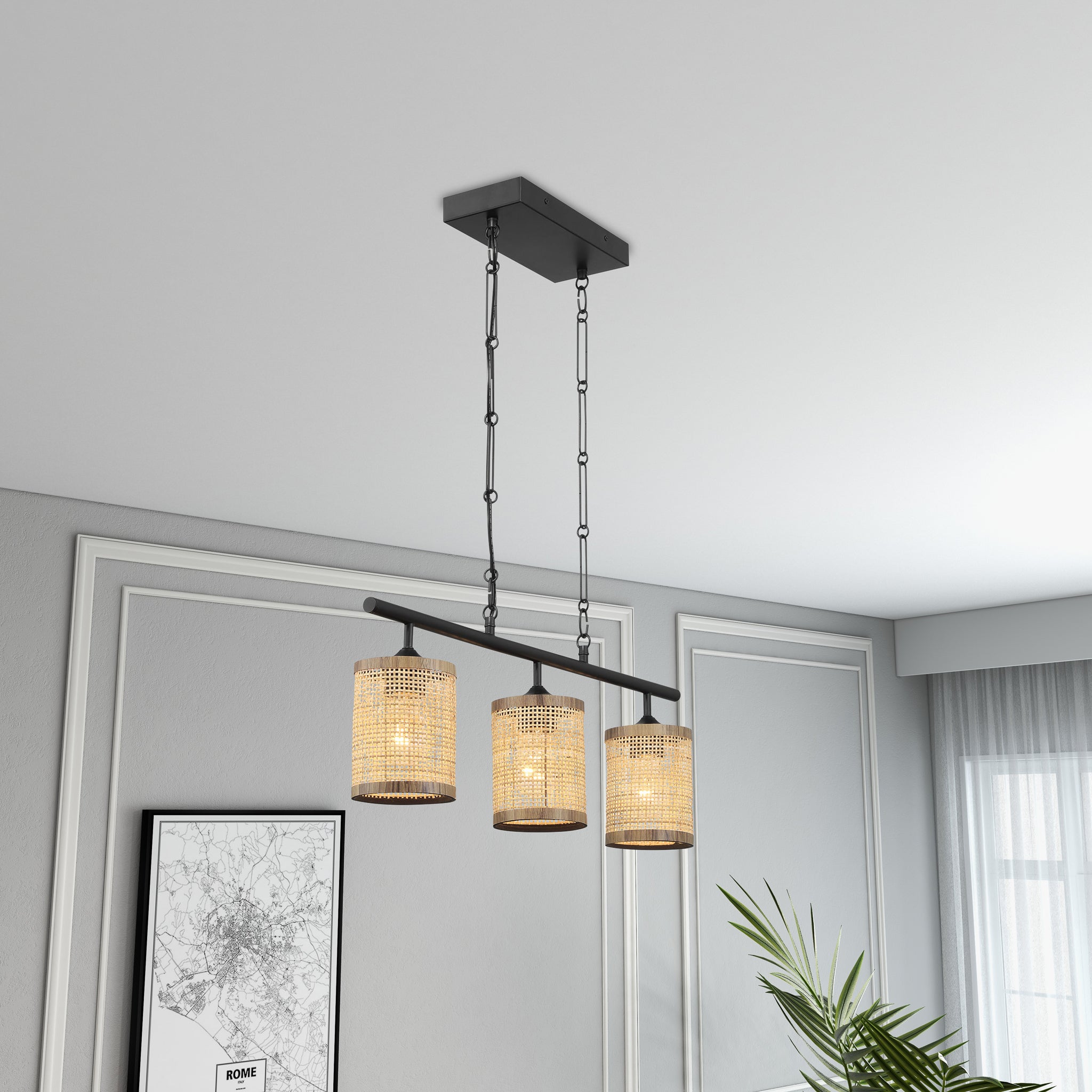 Elysian Three Lights Island With Natural Rattan Shade Farmhouse Chain Ceiling Lamp - MidinMod