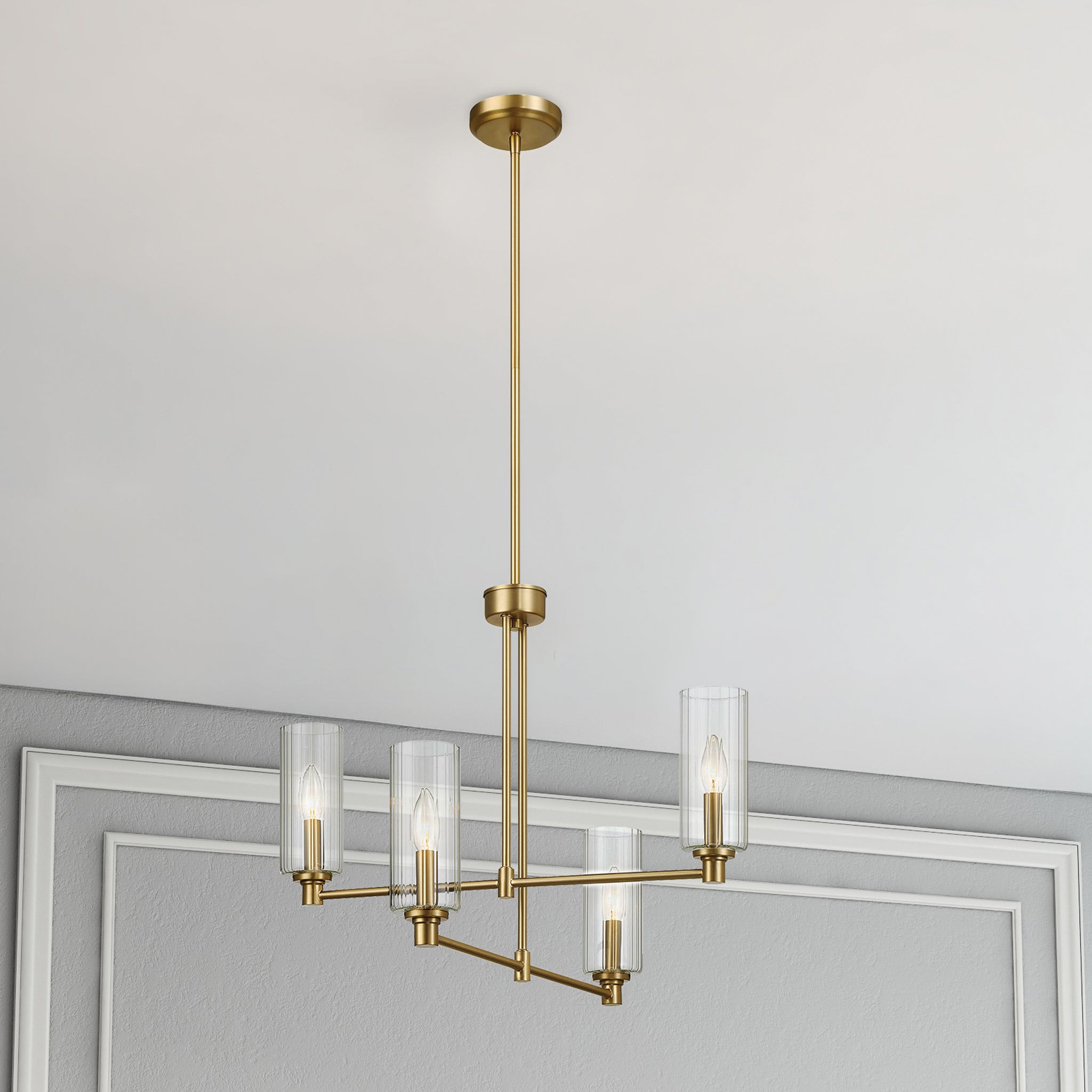 Enigma Four Lights Chandelier With Clear Ribbed Glass -Satin Brass