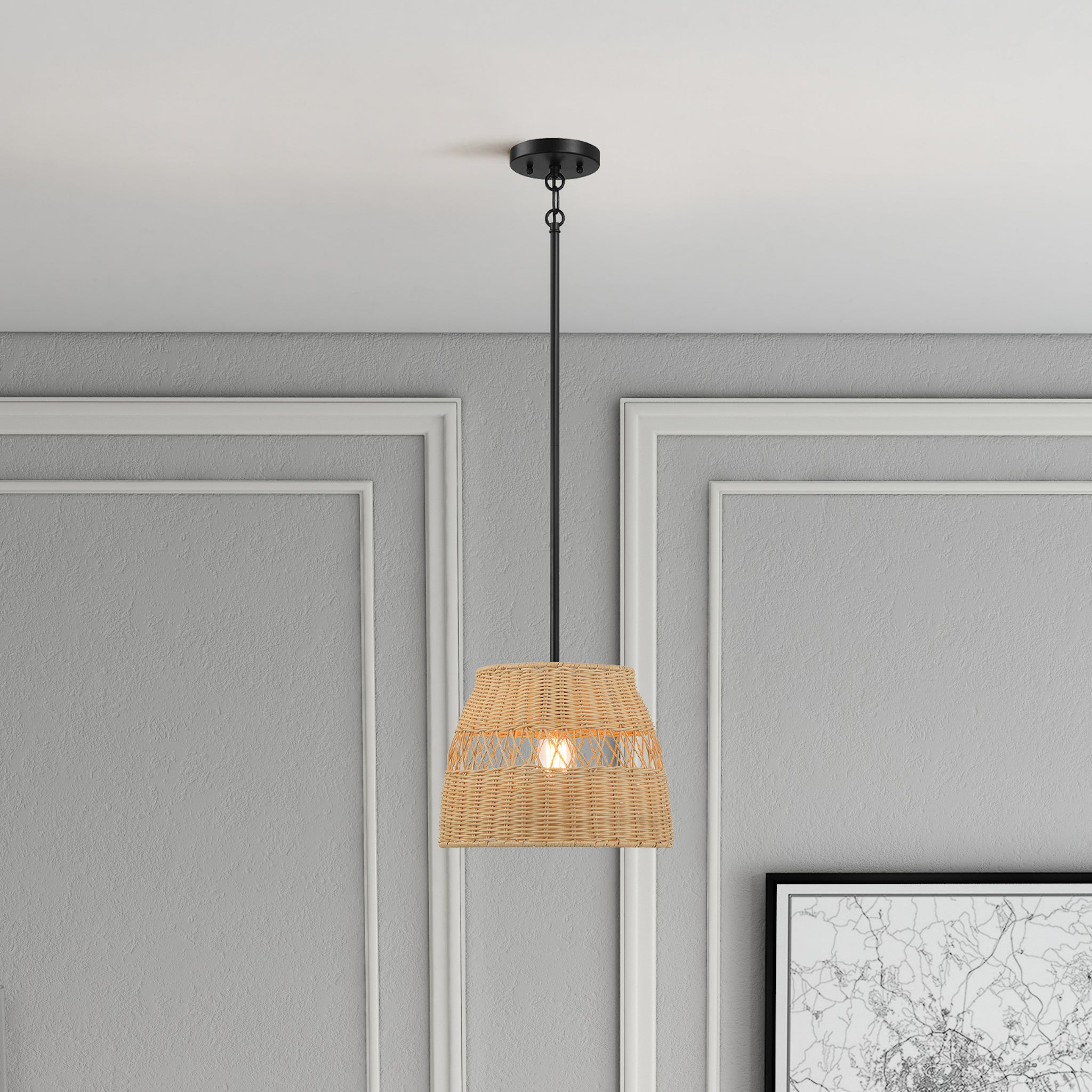 Essence Single Lights Pendant With Rattan Shade Black Metal Finish for Farmhouse Style - MidinMod