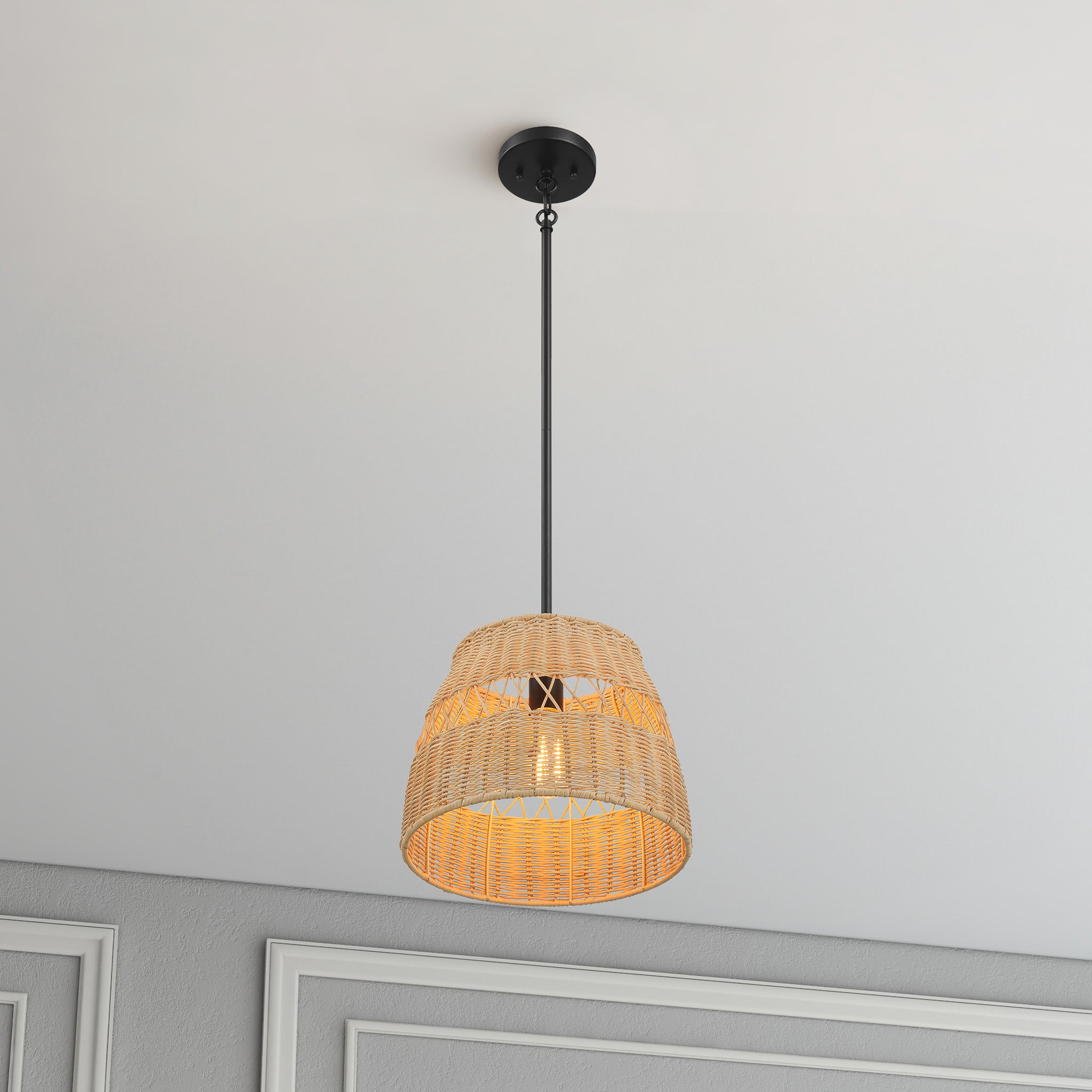 Essence Single Lights Pendant With Rattan Shade Black Metal Finish for Farmhouse Style - MidinMod