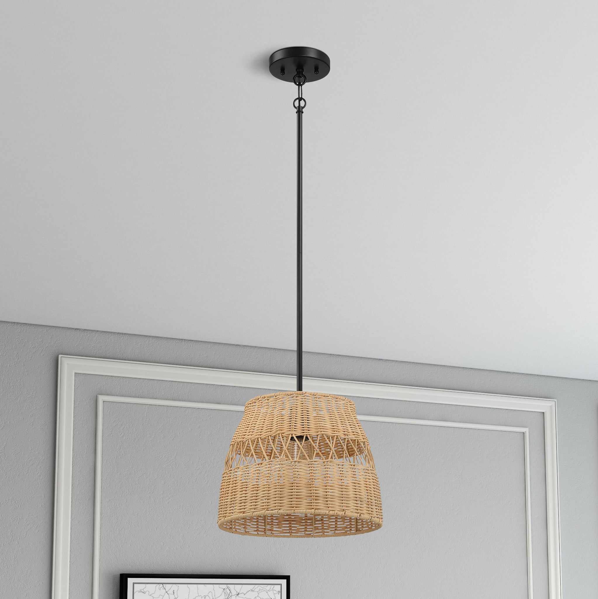 Essence Single Lights Pendant With Rattan Shade Black Metal Finish for Farmhouse Style - MidinMod