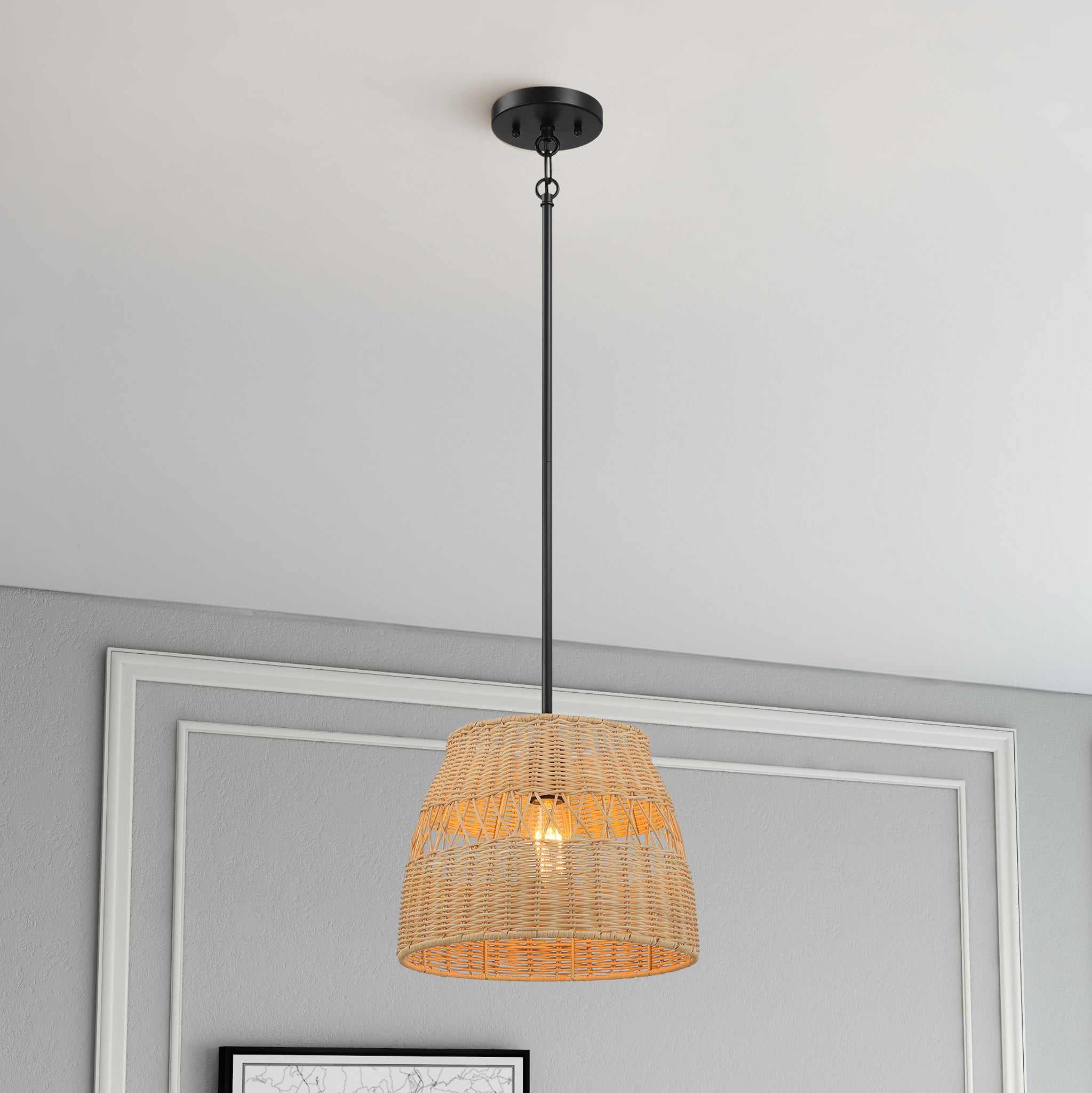 Essence Single Lights Pendant With Rattan Shade Black Metal Finish for Farmhouse Style - MidinMod