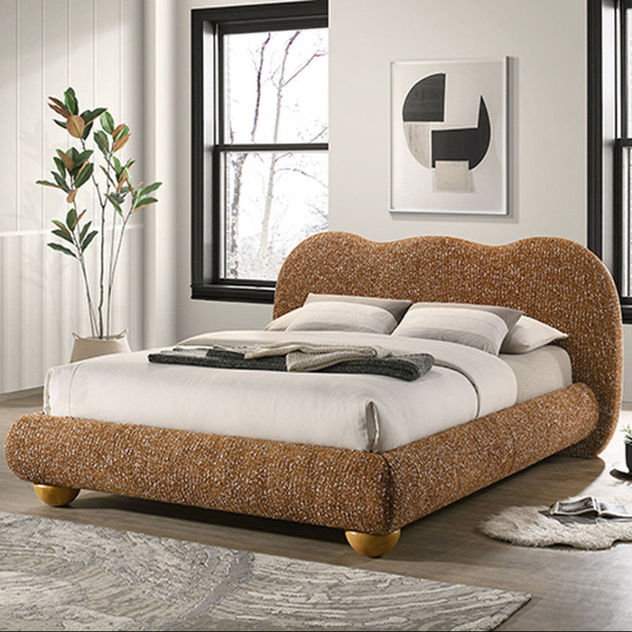 Finamore Terracotta Brown Queen Bed | Contemporary Camel-Back Fabric Platform Bed | MidinMod