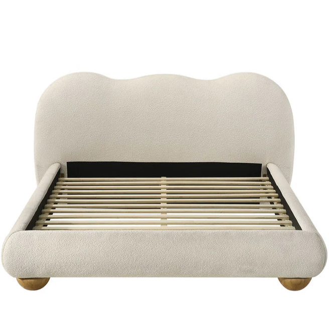 Finamore White & Natural Oak Queen Bed | Contemporary Boucle Camel-Back Bed Frame | MidinMod