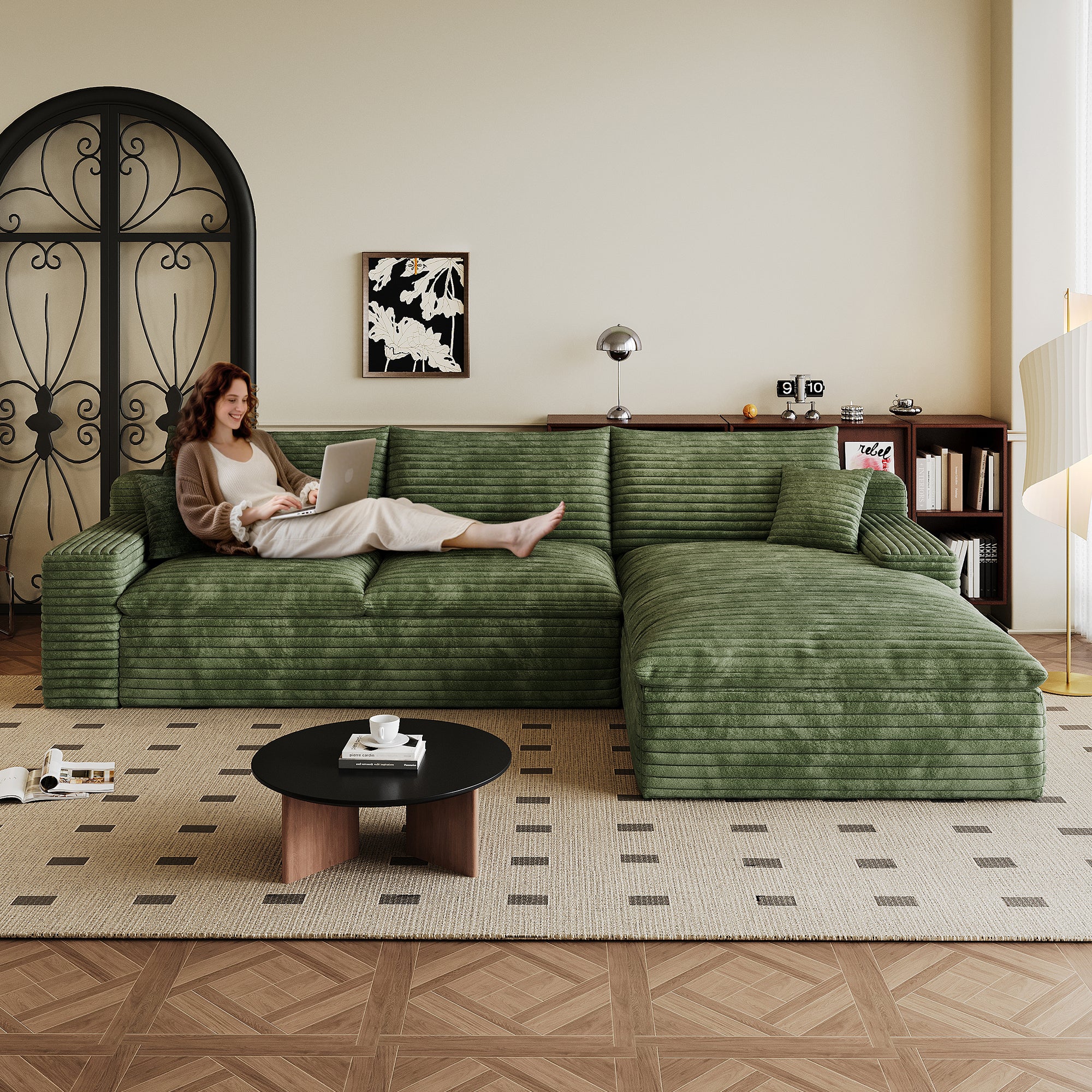 Furinho Modern Green Fabric 3-Seater Modular Sofa with Feather-Filled Cushions - MidinMod
