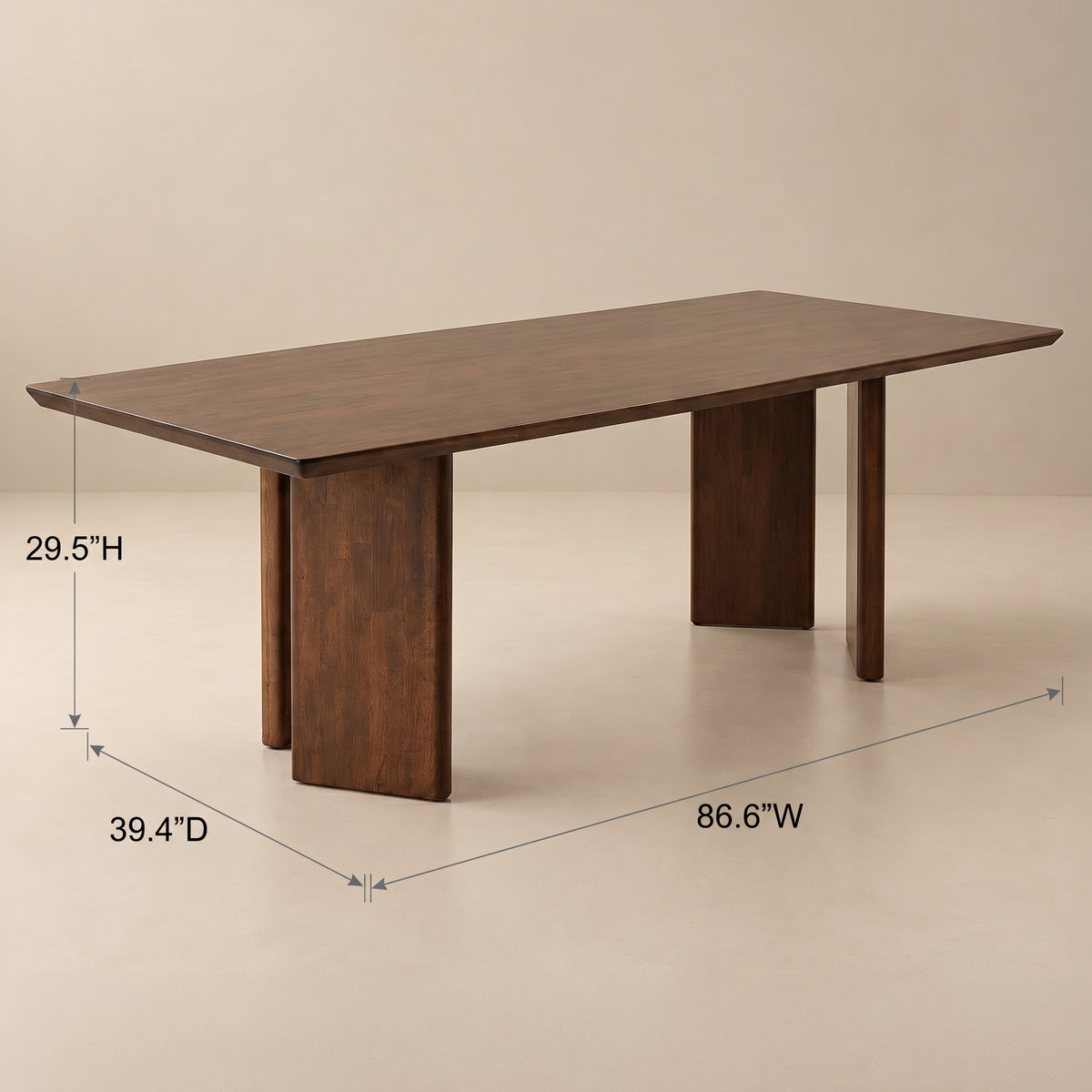 Walnut-toned rectangular dining table with flat panel legs, dimensional image