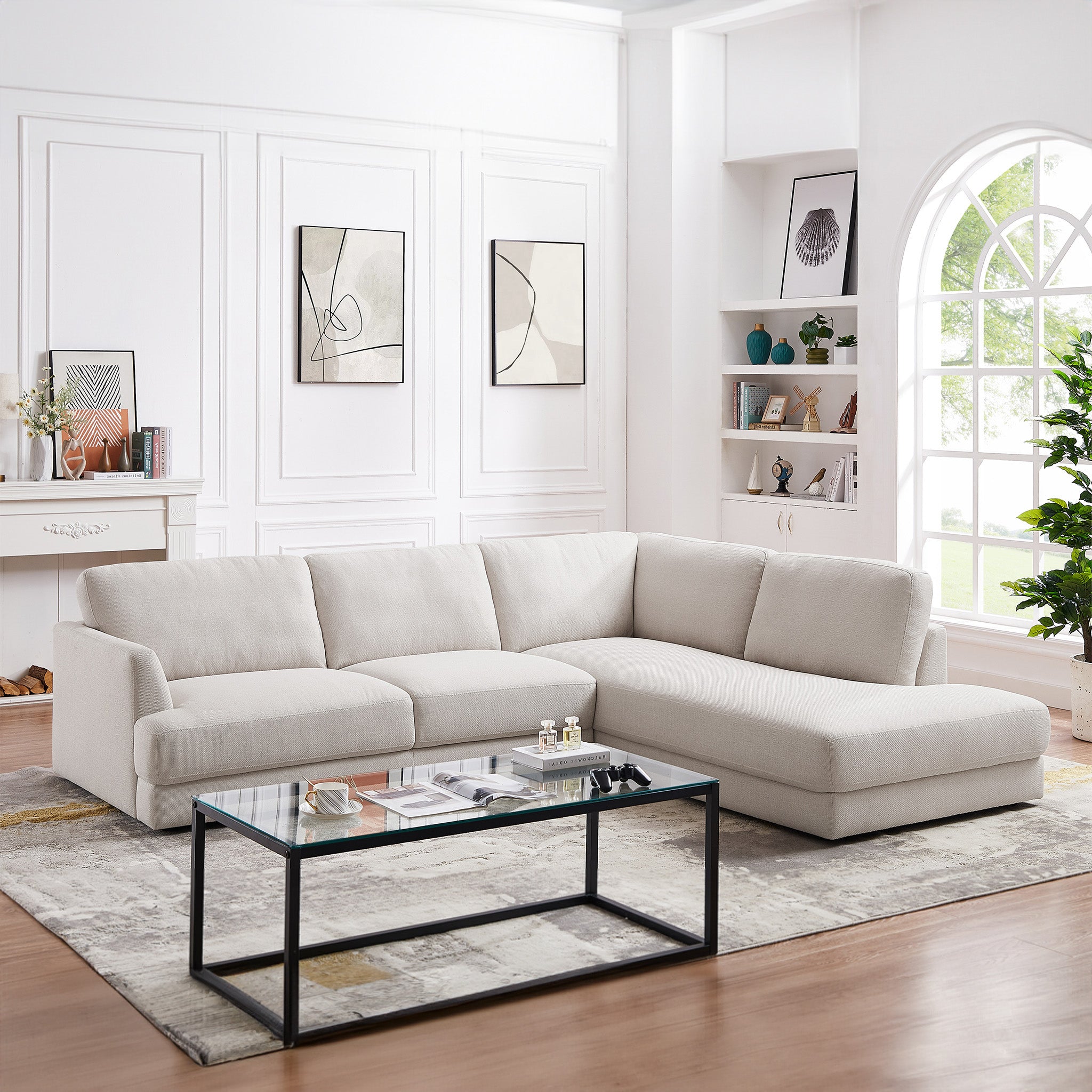 Glendale Cream Linen L-Shaped Right Sectional Sofa - MidinMod