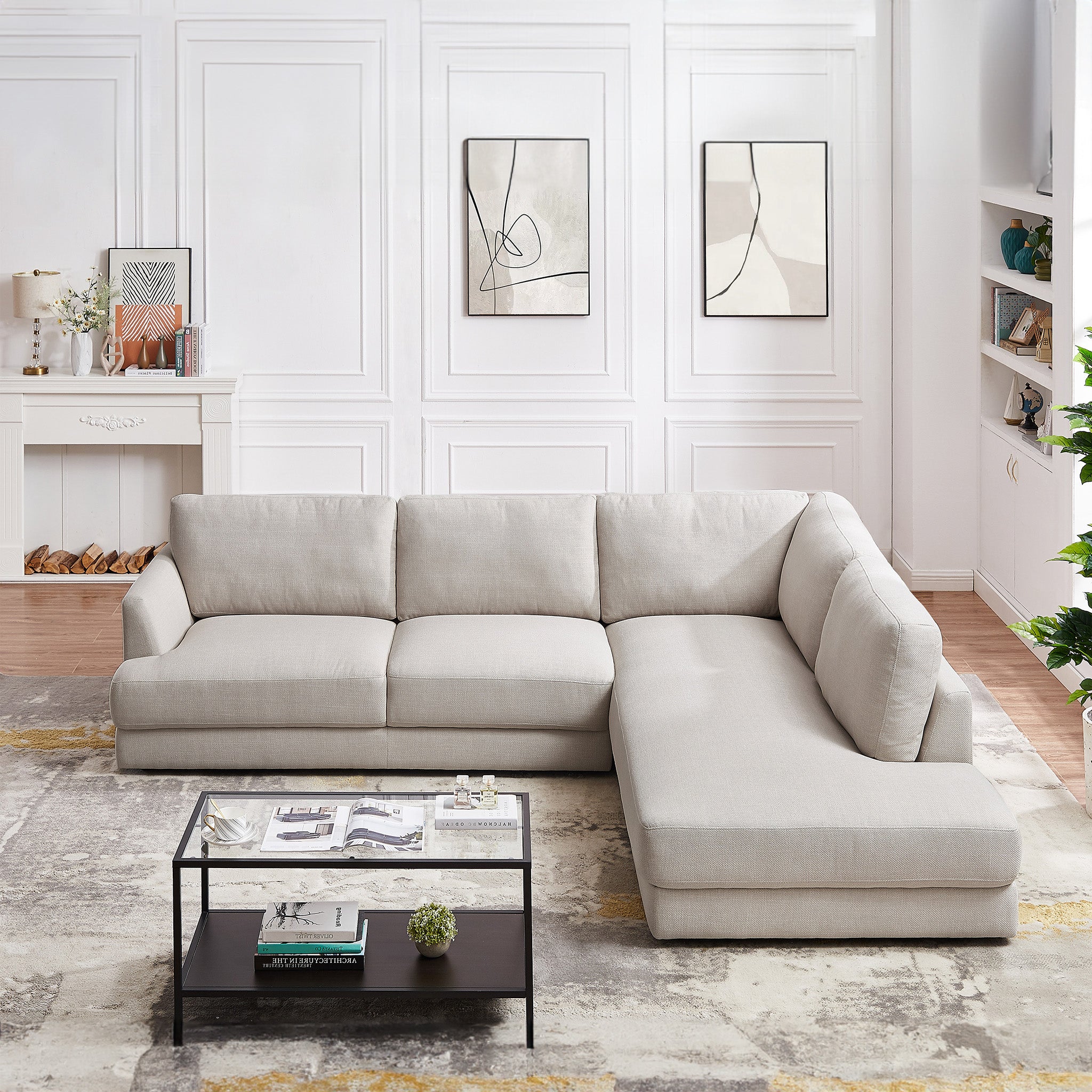 Glendale Cream Linen L-Shaped Right Sectional Sofa - MidinMod